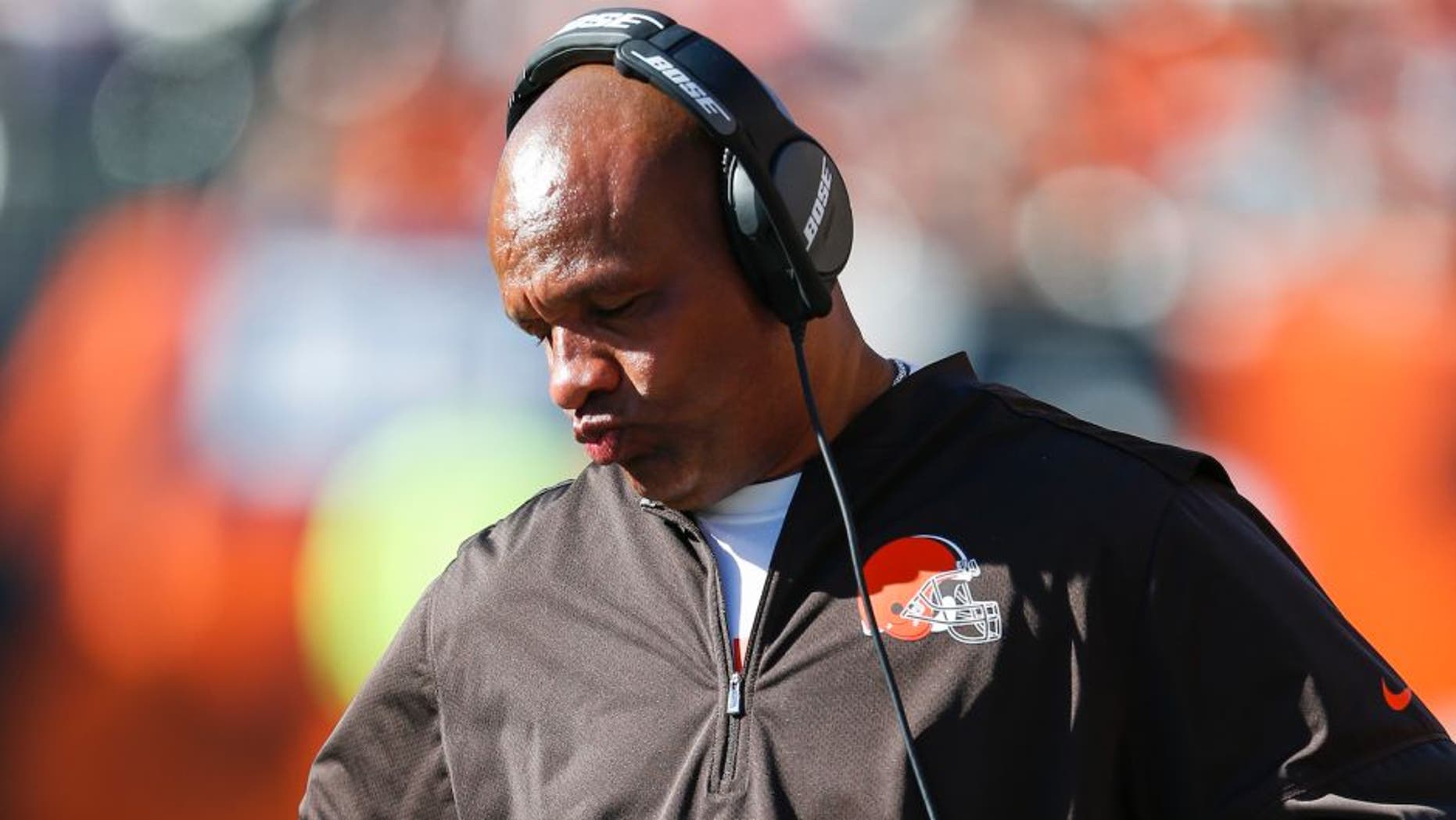 Cleveland Browns head coach Hue Jackson reacts on the sidelines in the second half of an NFL football game against the Cincinnati Bengals, Sunday, Oct. 23, 2016, in Cincinnati. (AP Photo/Gary Landers)