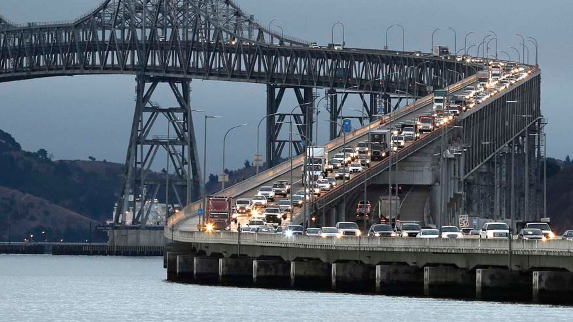 In this Aug. 29, 2013 file photo, traffic slows in the morning commute over the Richmond-San Rafael Bridge in San Rafael, Calif.