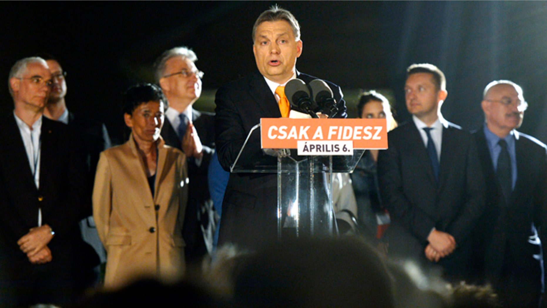Apr. 6, 2014: Hungarian Prime Minister Viktor Orban, leader of the ruling center-right Fidesz party delivers his victory speech after the parliamentary elections in downtown Budapest, Hungary.