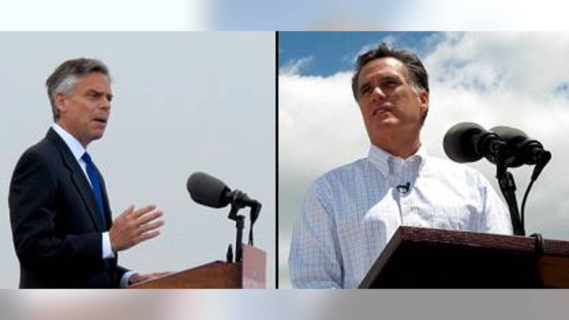 Former Utah Gov. Jon Huntsman, left, and former Massachusetts Gov. Mitt Romney announce their respective campaigns for the 2012 GOP presidential nod. (Fox News Photos)