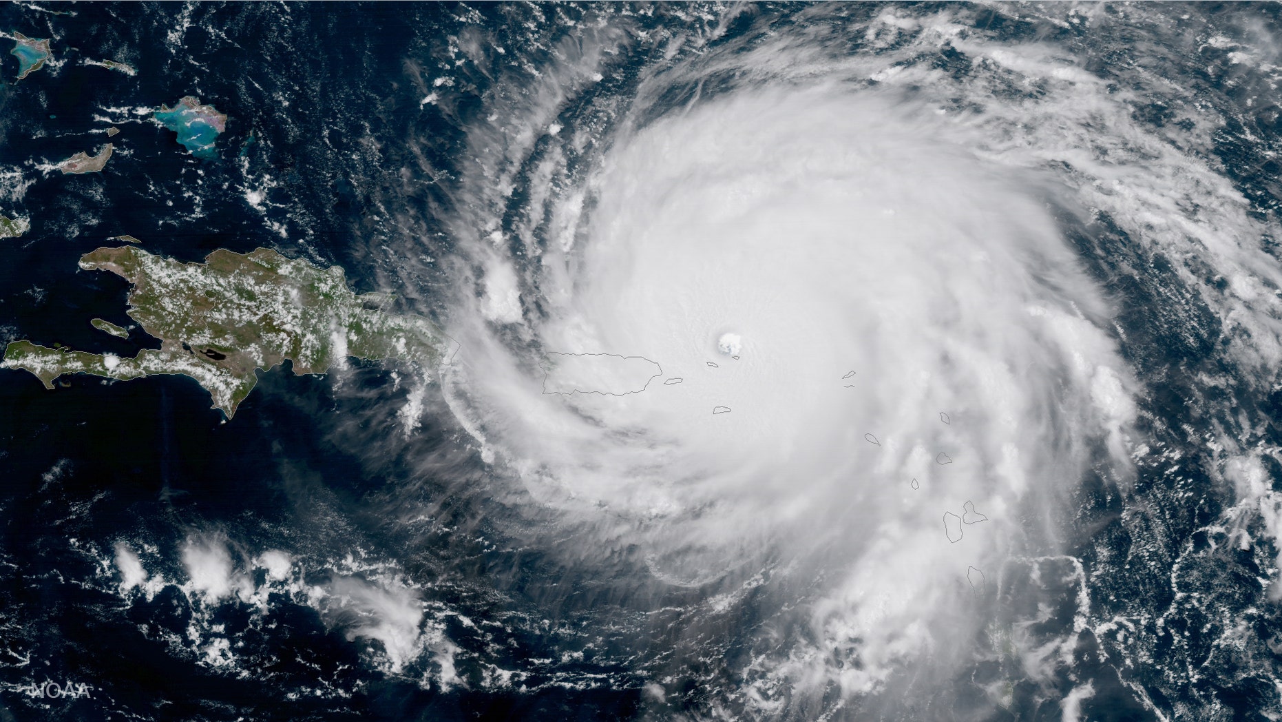 GOES-16 captured this geocolor image of Hurricane Irma — a category 5 storm with winds as high as 185 miles per hour — today at about 3:15 pm (eastern), September 6, 2017. Irma is forecast to remain a powerful category 4 or 5 hurricane during the next couple of days. (Credit: NOAA)