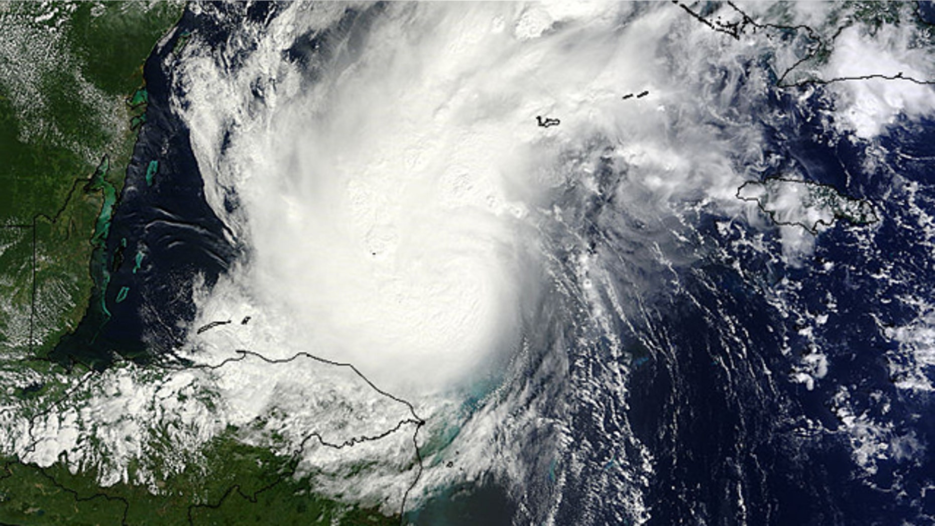 Oct. 24, 2011: Hurricane Rina as seen by the MODIS instrument on NASA's Terra satellite on when it was off the coast of Mexico. Rina's southwestern edge was over Honduras at this time.