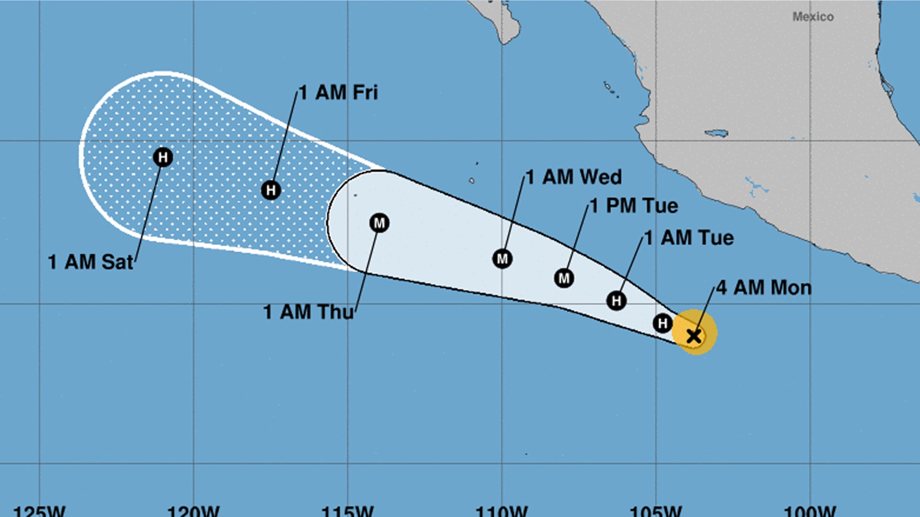 An image from the National Hurricane Center showing the forecast track of Hurricane Hilary.