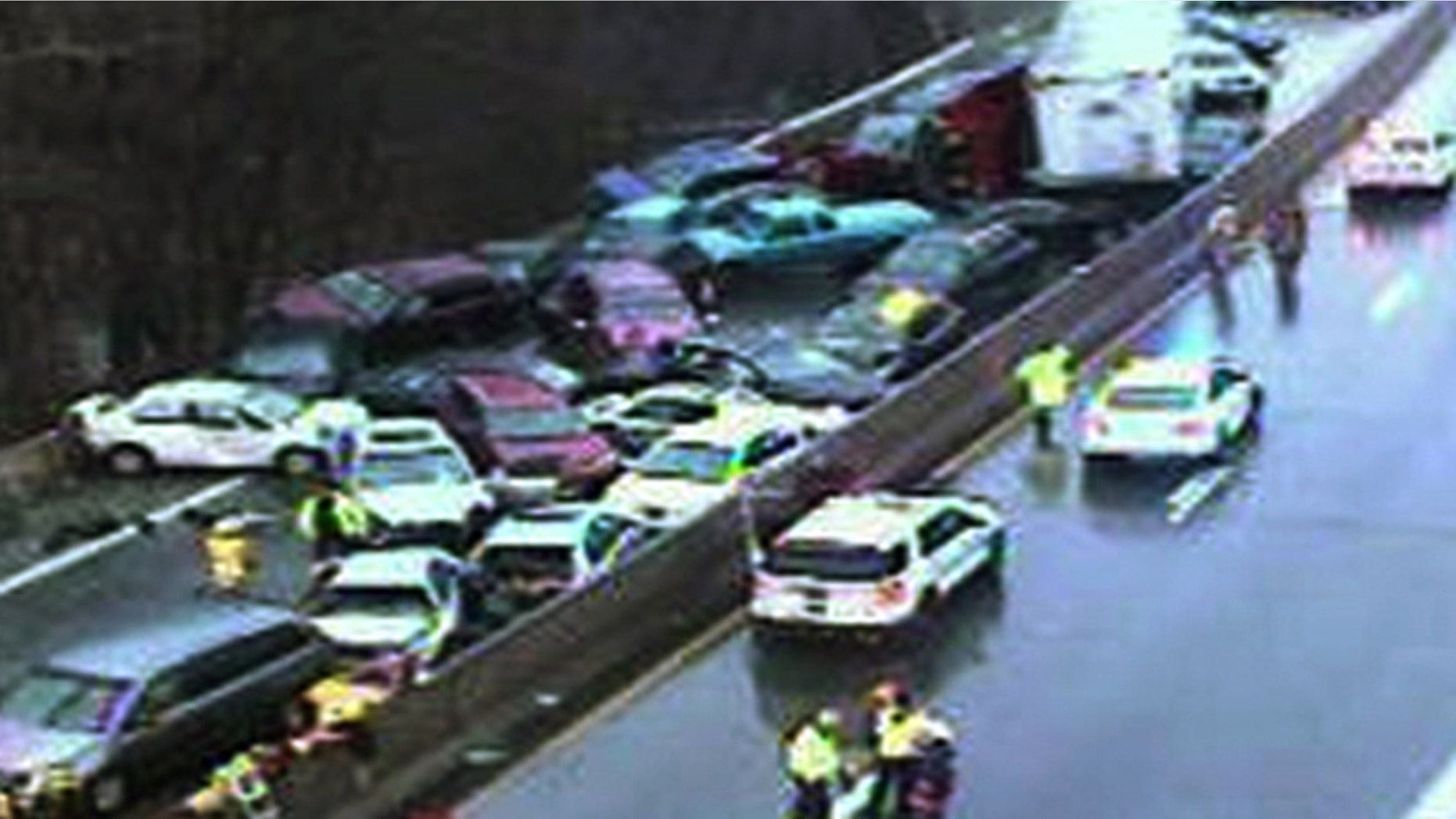 Jan. 18, 2015: In this image from PennDOT via FoxTV, more than 20 cars are piled up on I-76 in Philadelphia after freezing rain on Sunday.