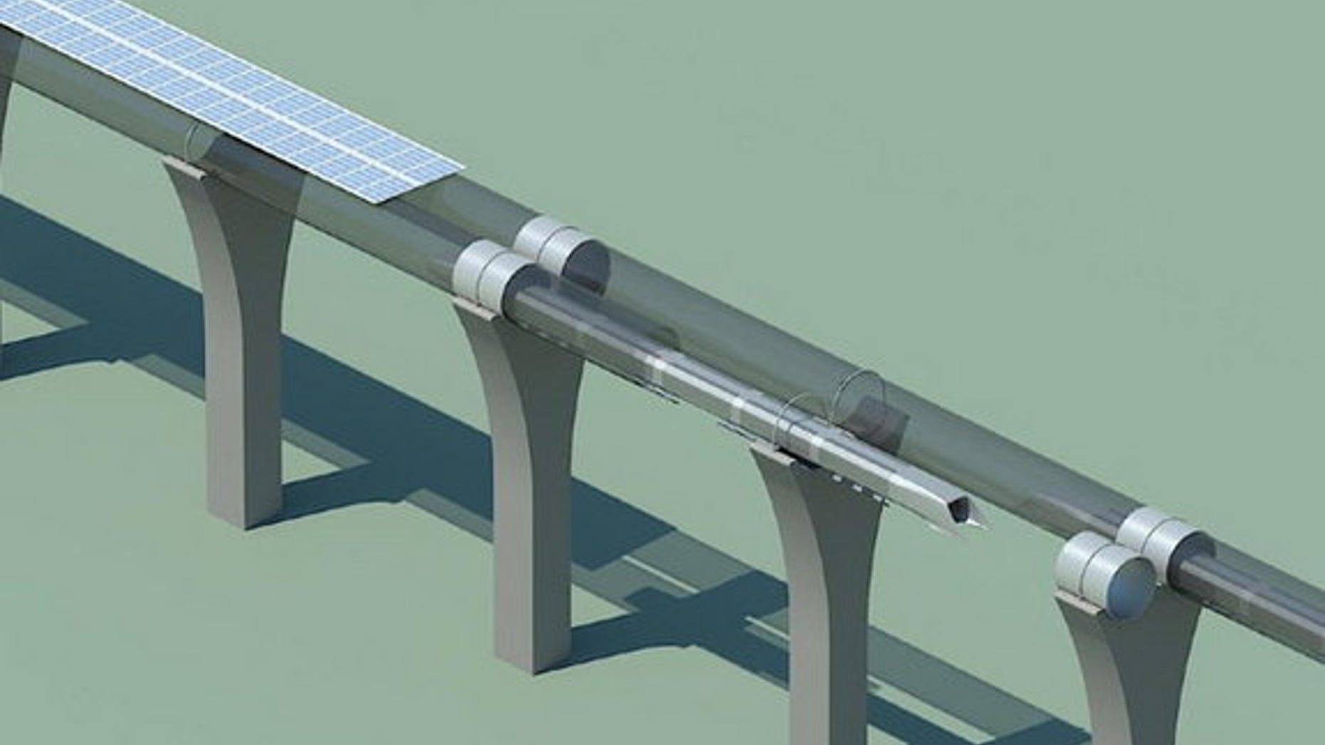 Hyperloop capsule in tube cutaway with attached solar arrays.