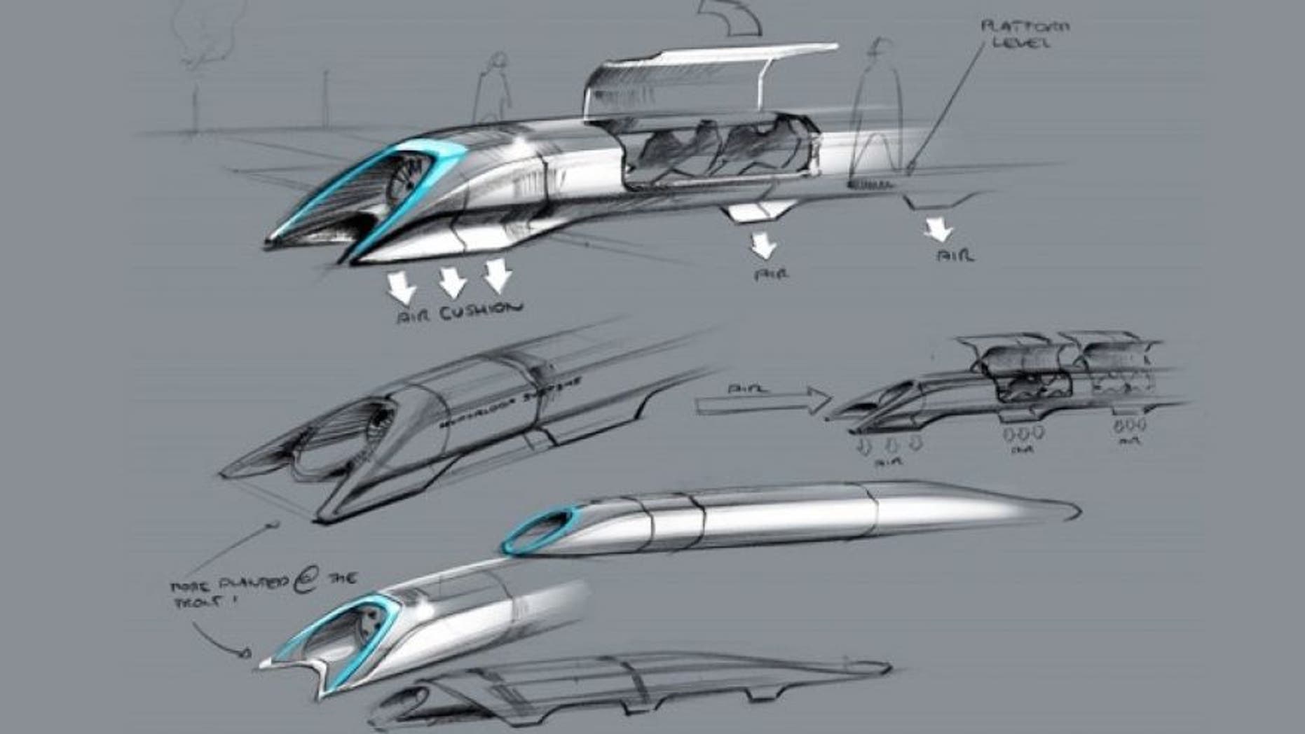 Aug. 12, 2013: Concept sketches for the Hyperloop transportation system, which uses electromagnets and pneumatic tubes to transport people (and cars) at up to 800 miles per hour. (Elon Musk)