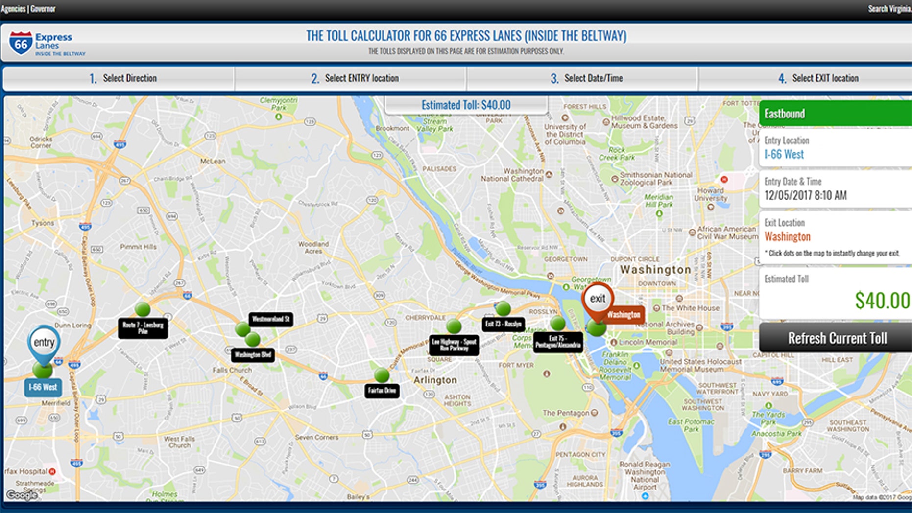At 8:12 a.m. local time Tuesday, it cost $40 to travel this stretch of Interstate-66 heading into Washington, D.C..