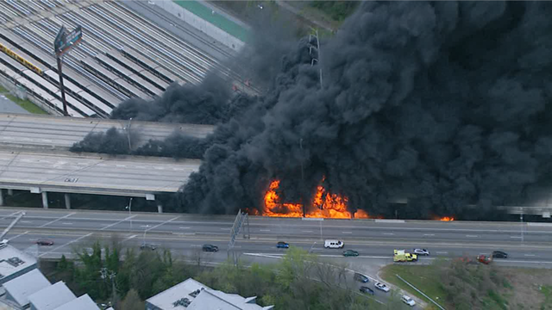 Part of Interstate 85 burns north of Atlanta, Ga. Thursday evening, March 30, 2017.