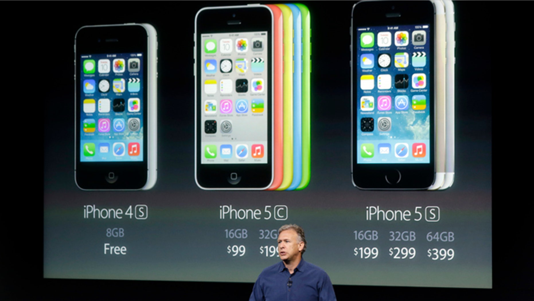 Phil Schiller, Apple's senior vice president of worldwide product marketing, speaks on stage during the introduction of the new iPhone 5c and 5s in Cupertino, Calif., Tuesday, Sept. 10, 2013. (AP Photo/Marcio Jose Sanchez)