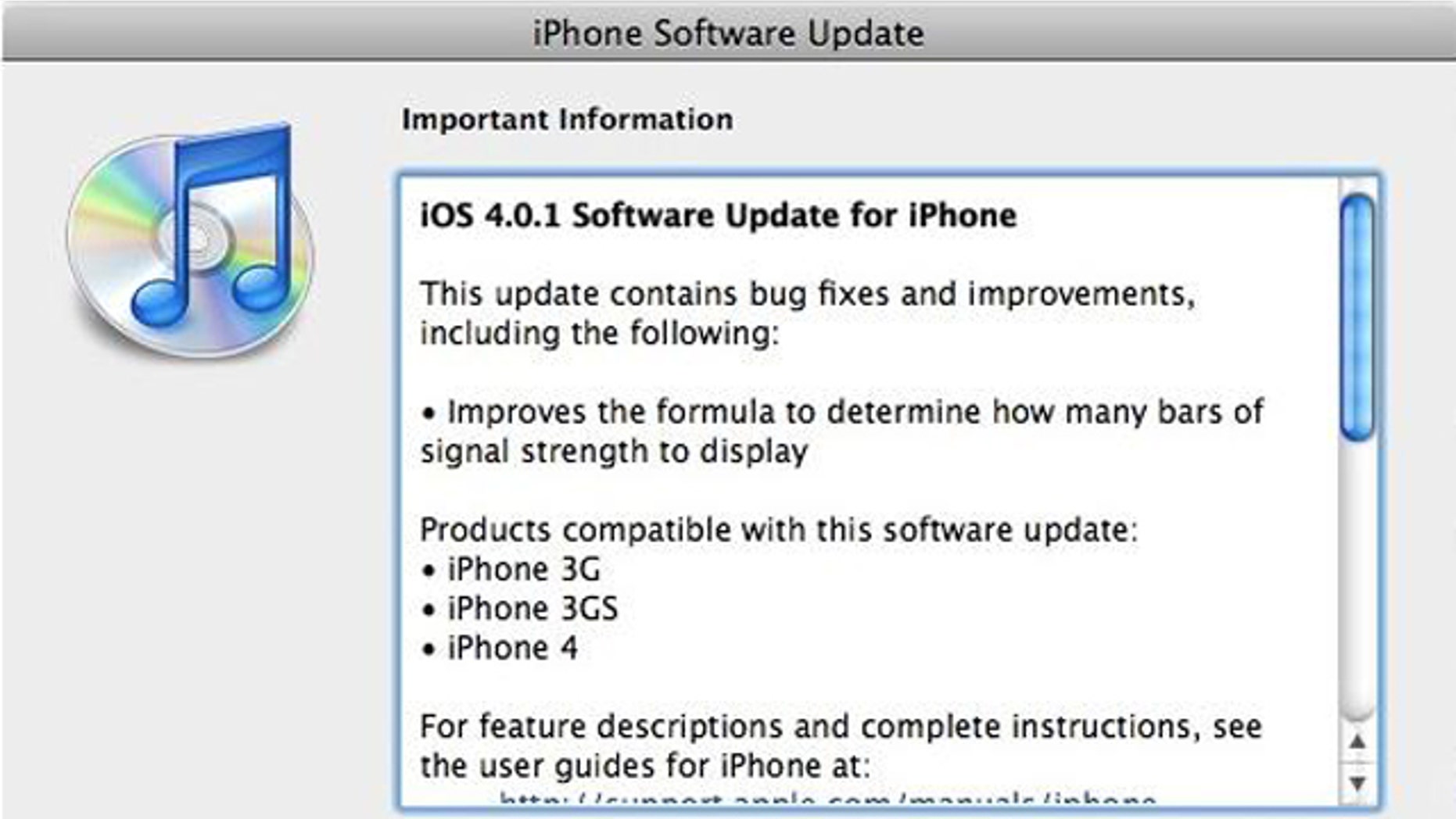 A just released software patch for the iPhone updates the system software to version 4.0.1, which "improves" the way the iPhone displays signal strength.