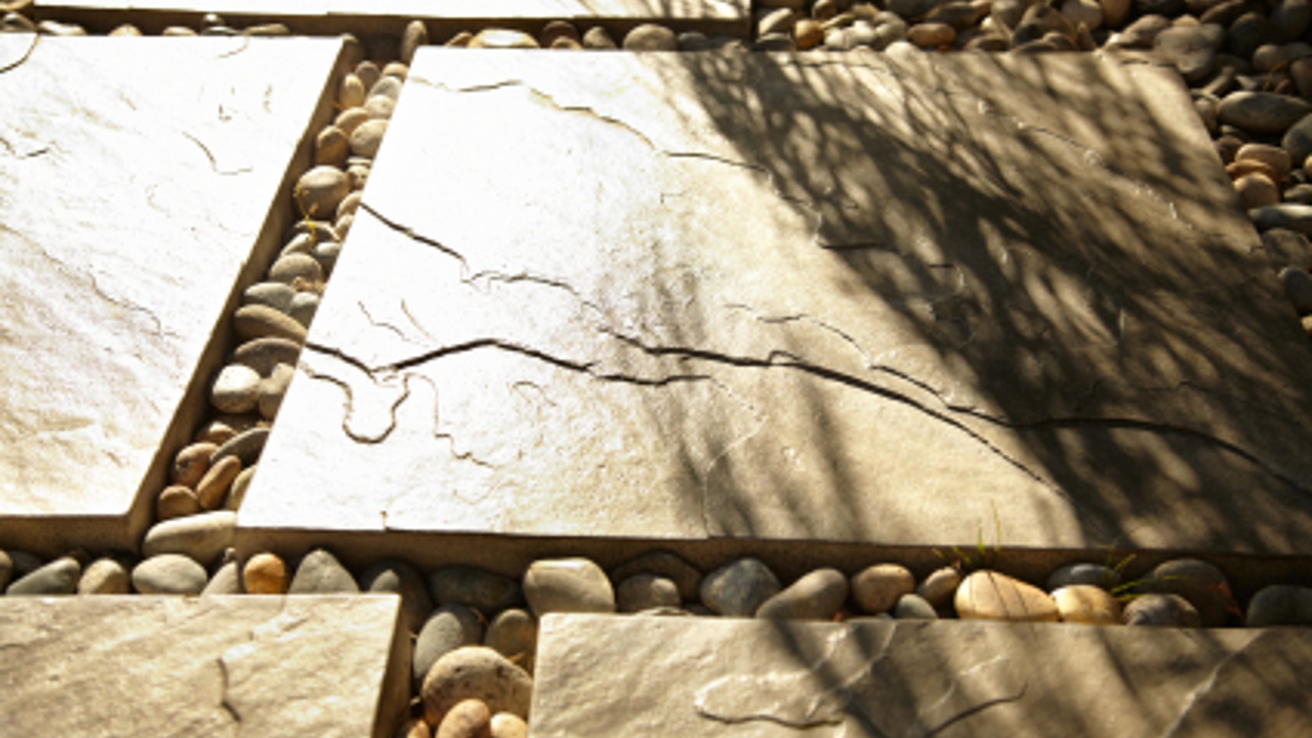 A gray slate tile patio.