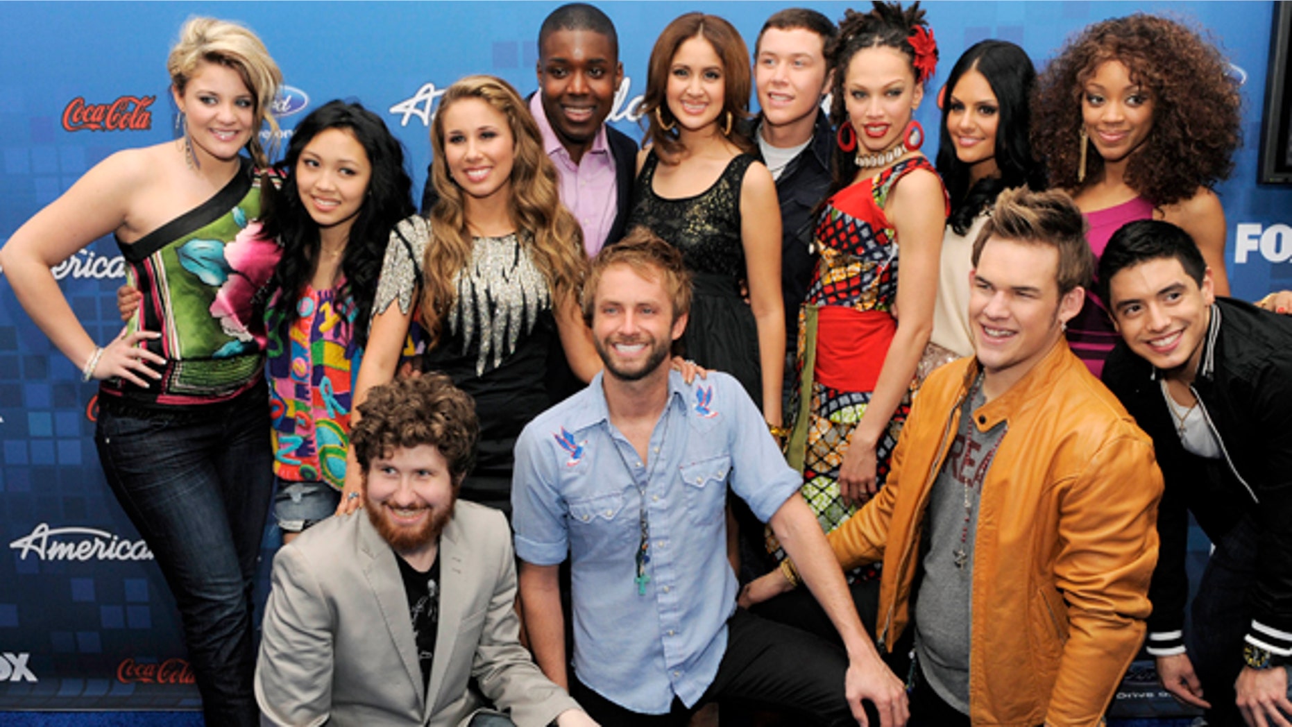 March 3, 2011: "American Idol" finalists pose together at the Finalists Party in Los Angeles. In the front row from left to right are Casey Abrams, Paul McDonald, James Durbin and Stefano Langone. In the back row from left to right are Lauren Alaina, Thia Megia, Haley Reinhart, Jacob Lusk, Karen Rodriguez, Scotty McCreery, Naima Adedapo, Pia Toscano and Ashthon Jones.