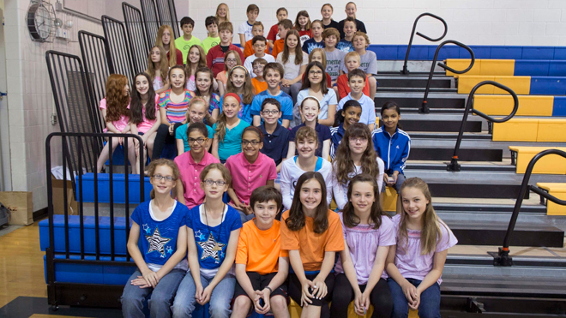 June 6, 2013: This photo shows twenty-four sets of twins who are fifth-graders at Highcrest Middle School in Wilmette, Ill. The school is attempting to break a Guinness World record for the amount of twins in one grade which is currently sixteen sets.