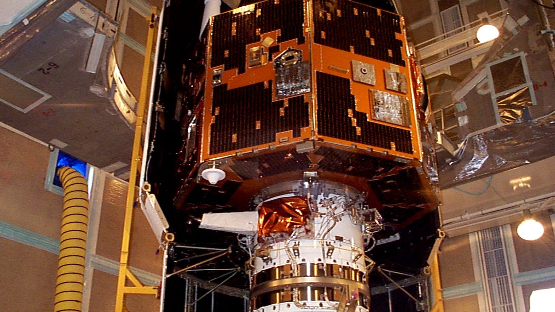 The IMAGE spacecraft undergoing launch preparations in early 2000.