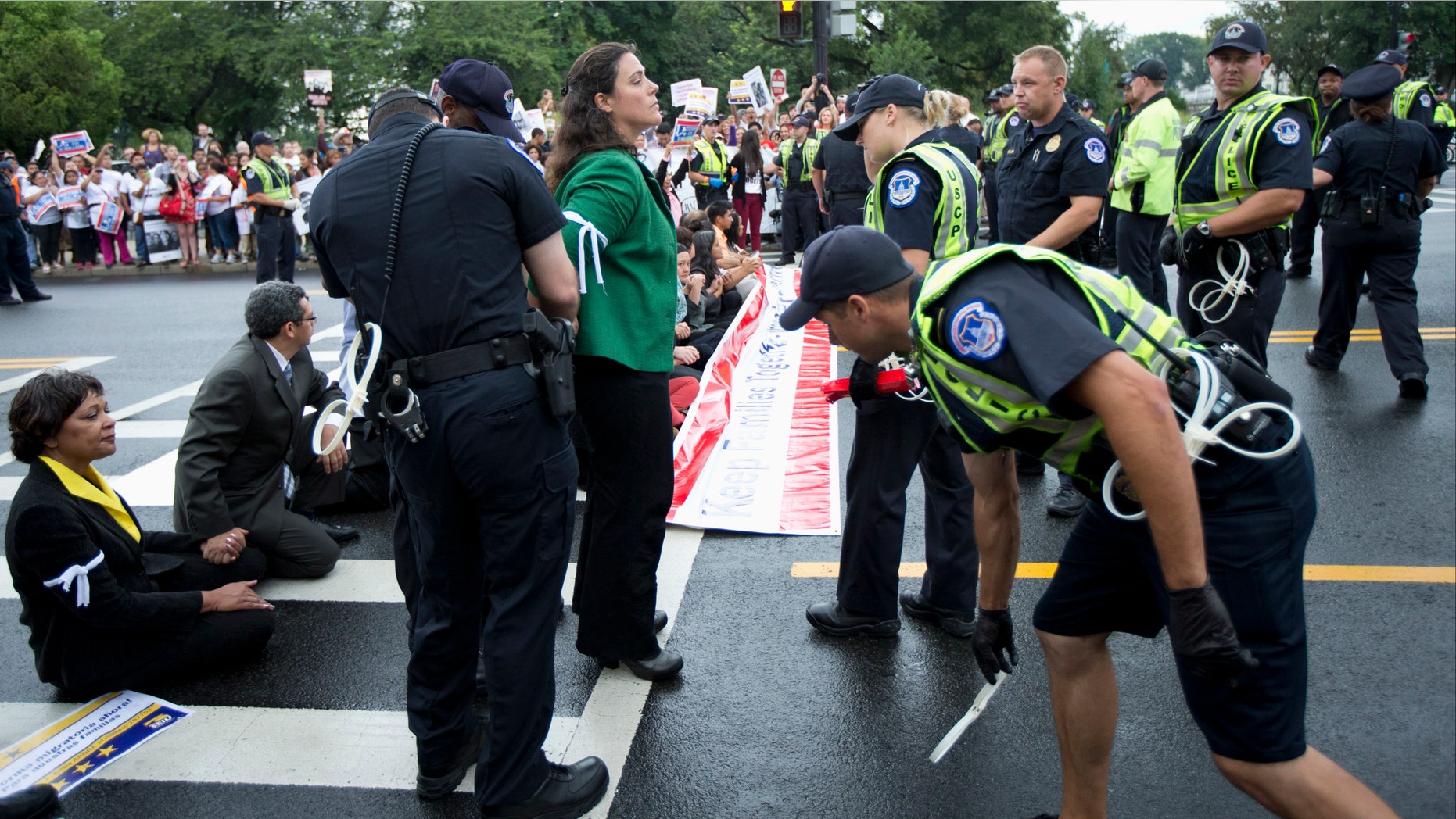 Capitol Hill police officers arrest immigration reform protestors as they blocked a street on Capitol Hill in Washington, Thursday, Aug. 1, 2013.