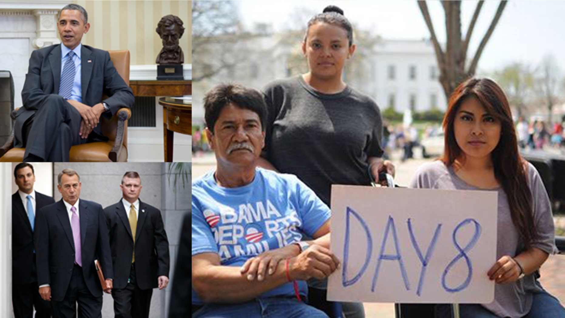 Three hunger strikers on day 8 of their hunger strike in front of the White House. All three want Obama to release their child, parent and fiance from immigration detention. (Left) President Obama and House Majority Leader Republican John Boehner.