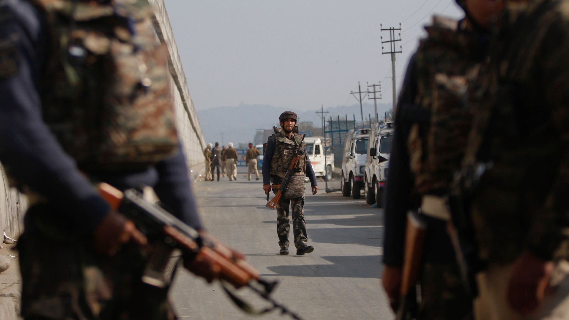 Indian troops patrol outside the Pathankot Air Force Base.