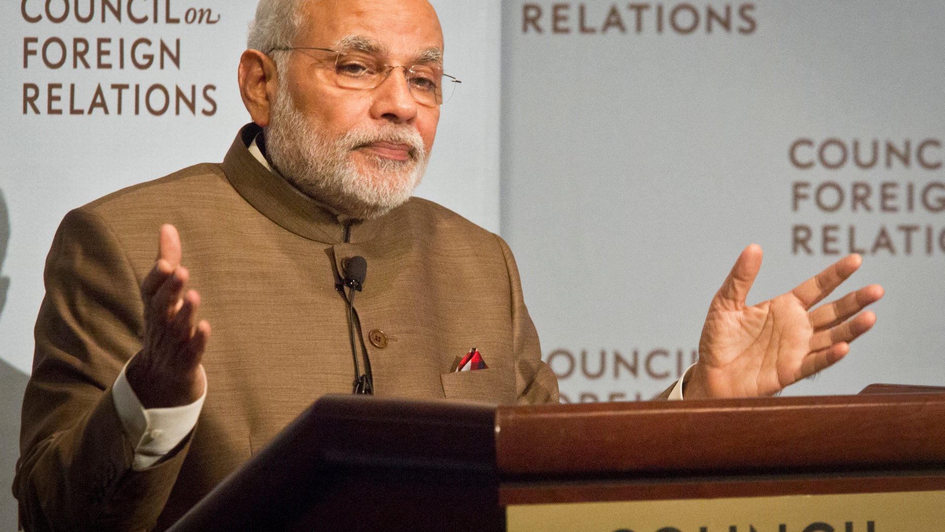 India's Prime Minister Narendra Modi speaks during a press conference at the Council on Foreign Relations, Monday, Sept. 29, 2014 in New York. (AP Photo/Bebeto Matthews)