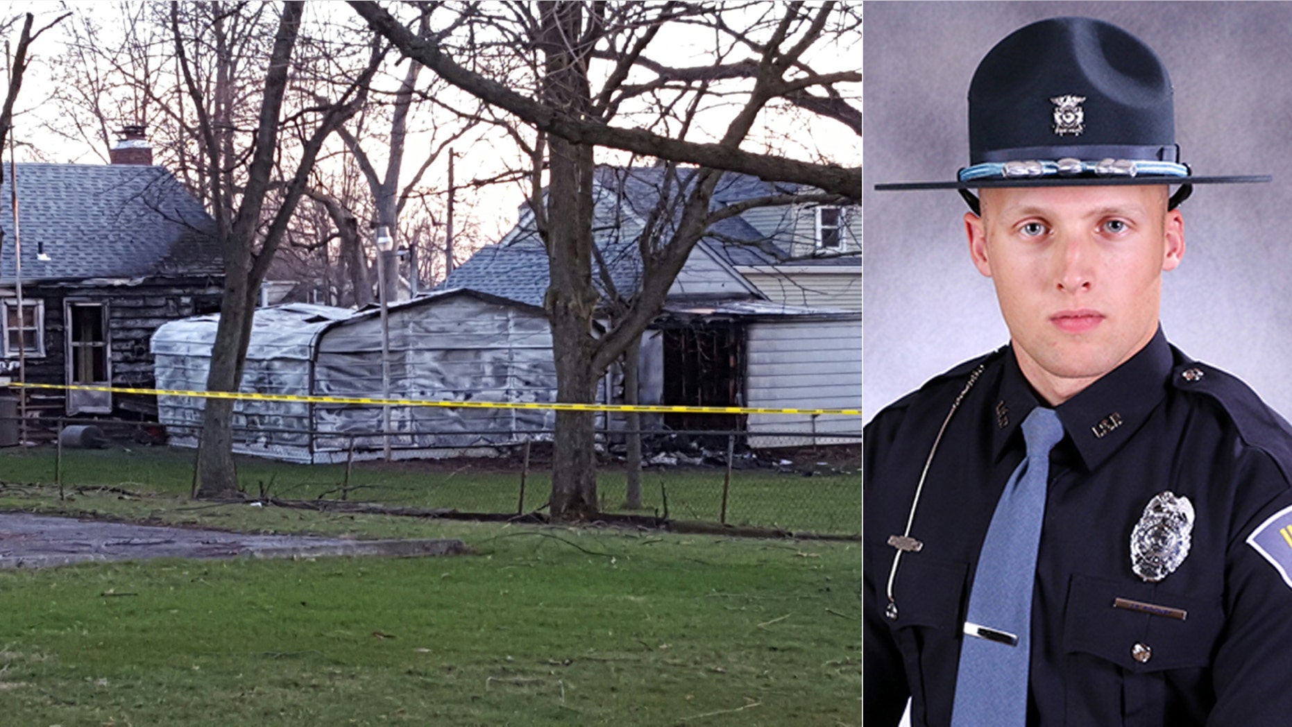 The scene of the fire (left) and Indiana State Police Trooper Jacob Ridgway (right).