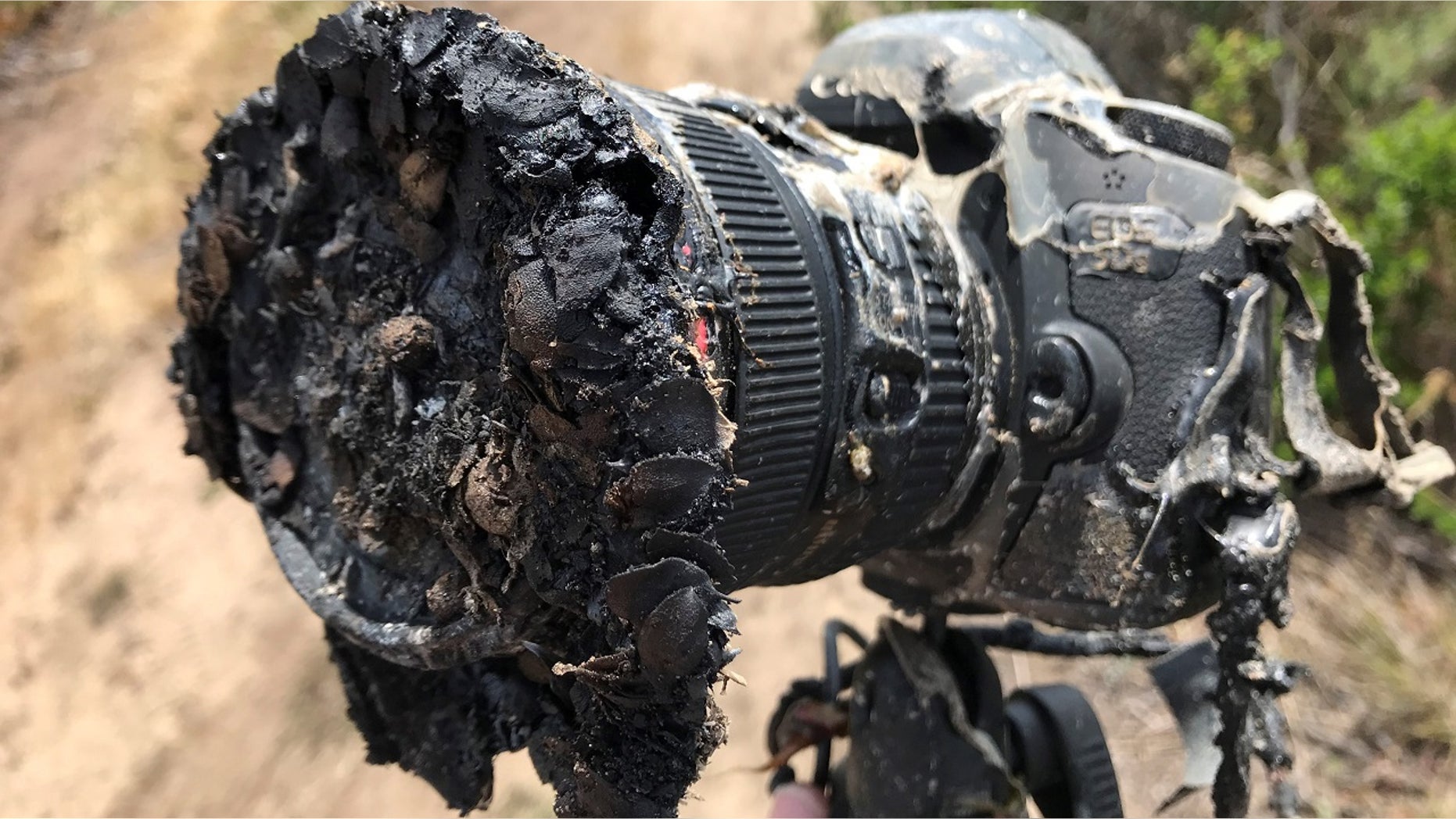 A NASA camera melted after it was engulfed in flames from a brush fire.