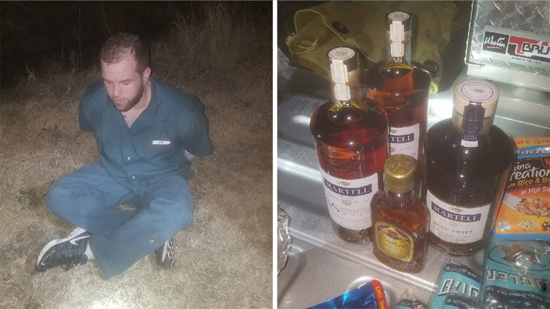 An inmate who escaped from a federal prison was caught with booze, pre-cooked food, tobacco trying to return.