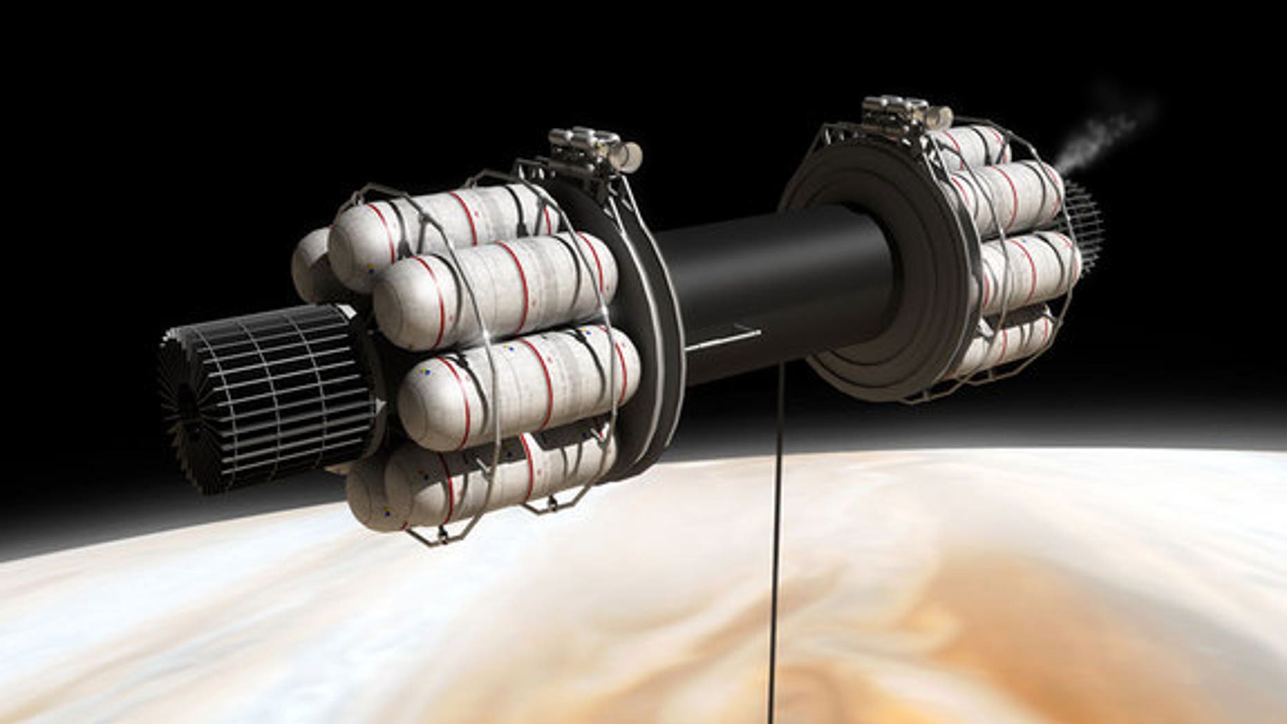 Obtaining the exotic fuels needed for interstellar flight is a major challenge – here a scheme is shown where a spacecraft in low orbit around Jupiter lowers an extremely long tube into the atmosphere, sucking up and processing gases.