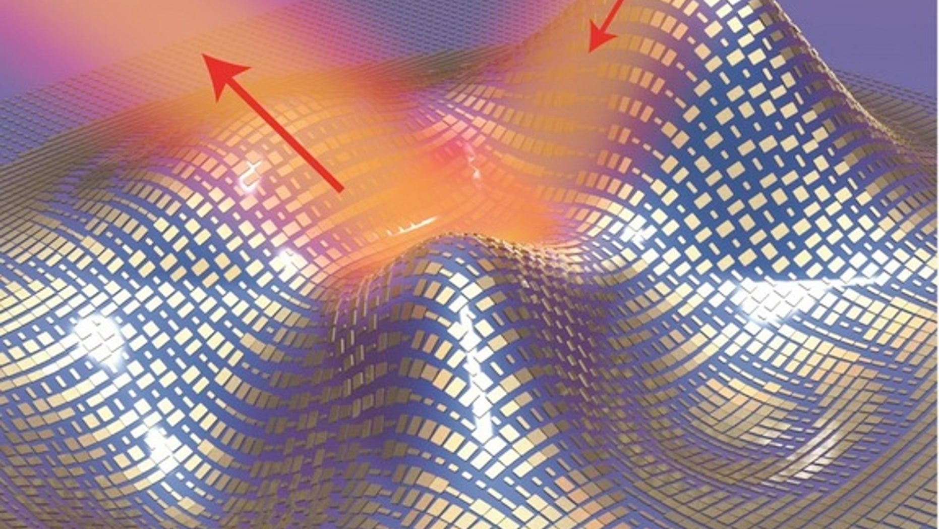 An illustration of the ultrathin "invisibility" cloak. Light reflects off the cloak (shown by the red arrows) as if it were reflecting off a flat mirror.