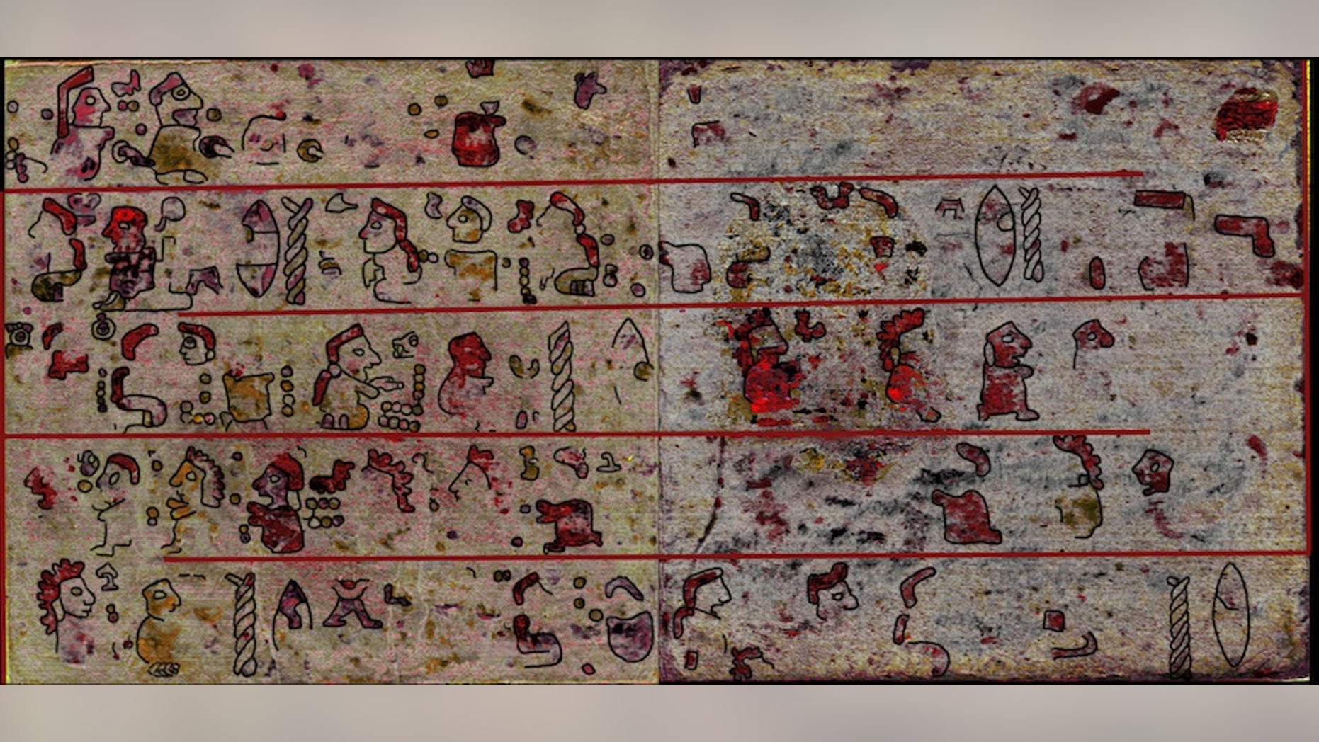 Hyperspectral imaging revealed hidden pictographic scenes underneath a layer of plaster and chalk, which are not visible to the naked eye.