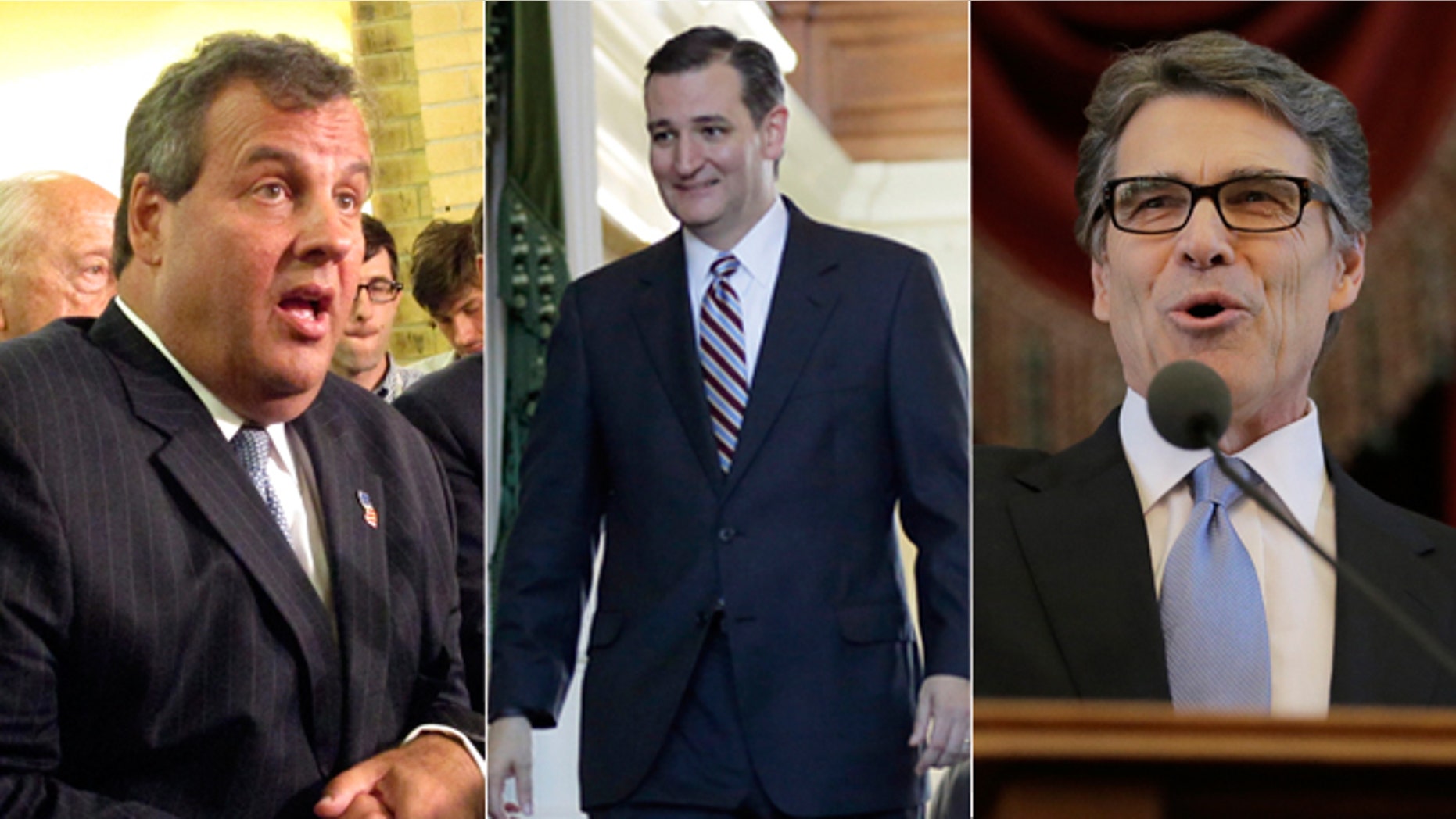 Shown here are New Jersey Gov. Chris Christie, left; Texas Sen. Ted Cruz, center; and former Texas Gov. Rick Perry.