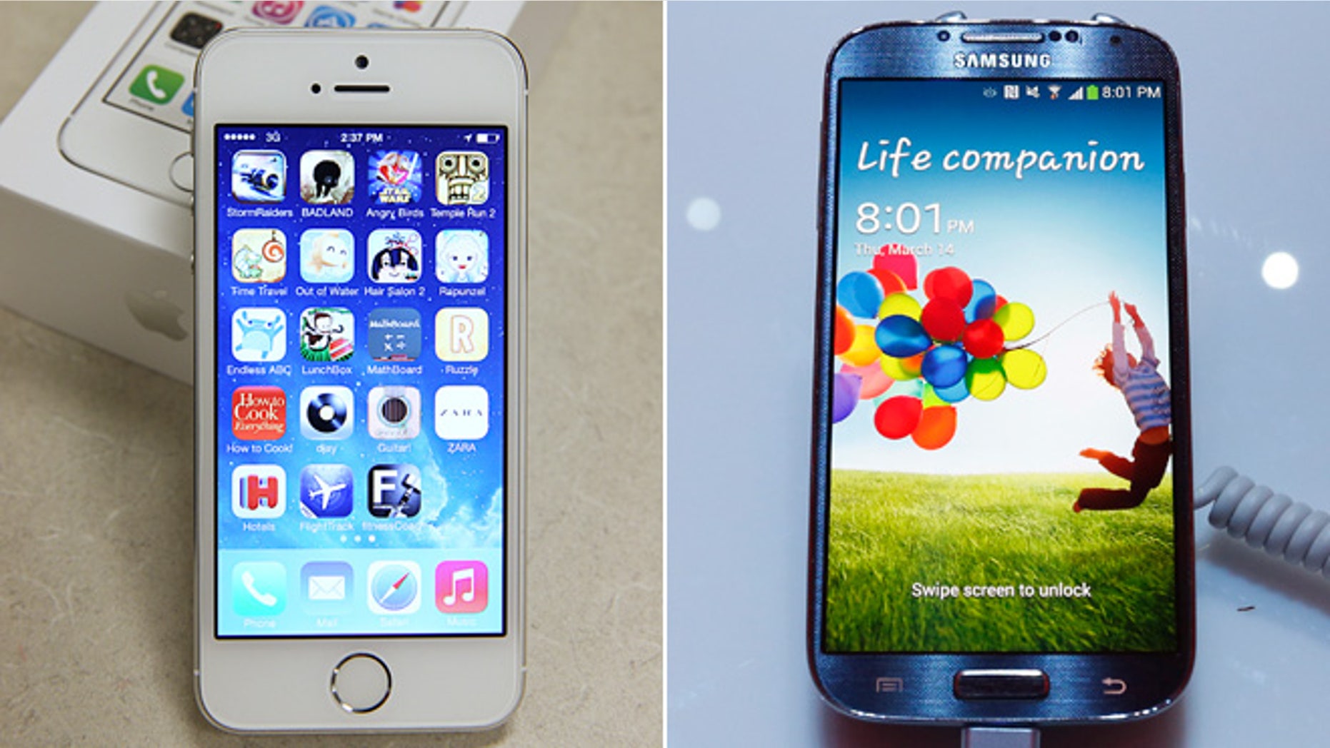The iPhone 5C, left, and Samsung's Galaxy S4 smartphone.
