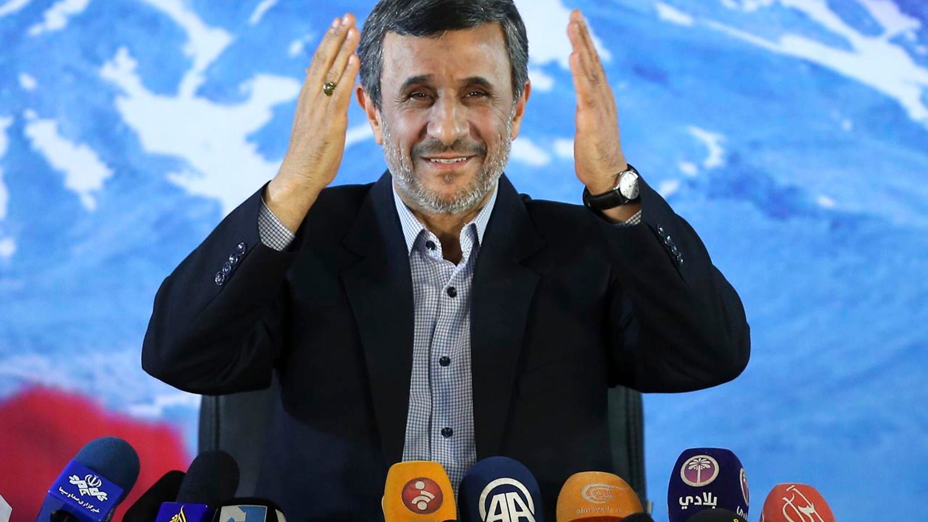 FILE- In this Wednesday, April, 5, 2017 file photo, former Iranian President Mahmoud Ahmadinejad gives a press conference in Tehran, Iran.