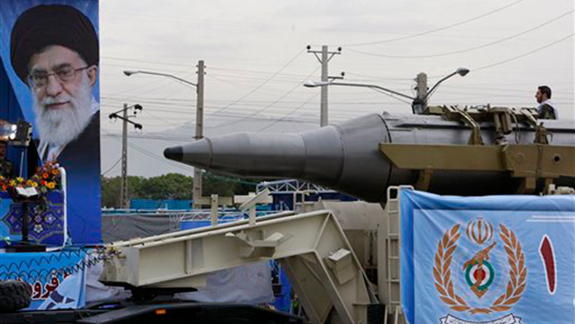Iran's Ghadr-1 missile is paraded during a ceremony marking National Army Day outside Tehran April 18. (AP Photo)