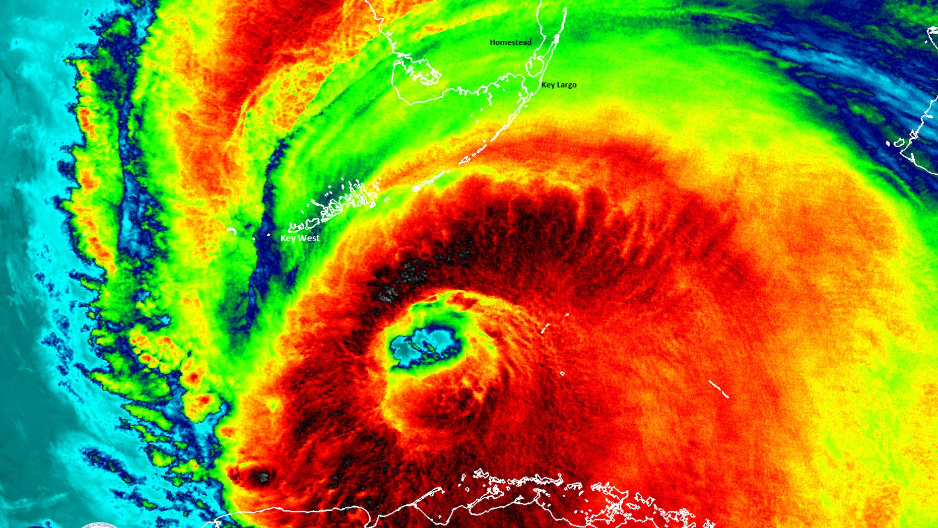 The Suomi NPP satellite captured this infrared image on Sunday (Sept. 10). Strong thunderstorms are visible around the well-defined eye of Irma.