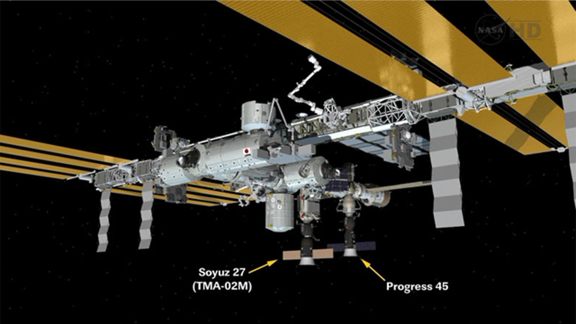 This graphic shows the Progress 45 unmanned cargo ship just after its docking on the Pirs docking compartment at the International Space Station.