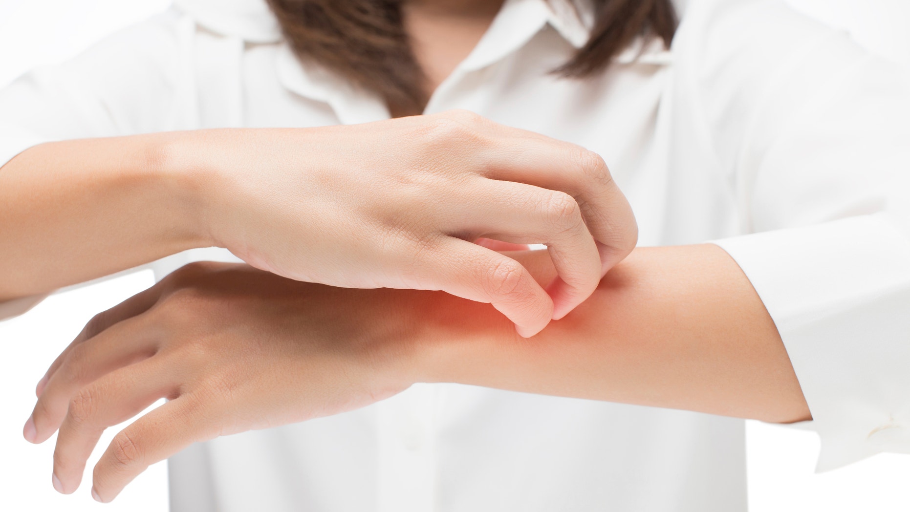 Women scratch the itch with hand, isolate on white background