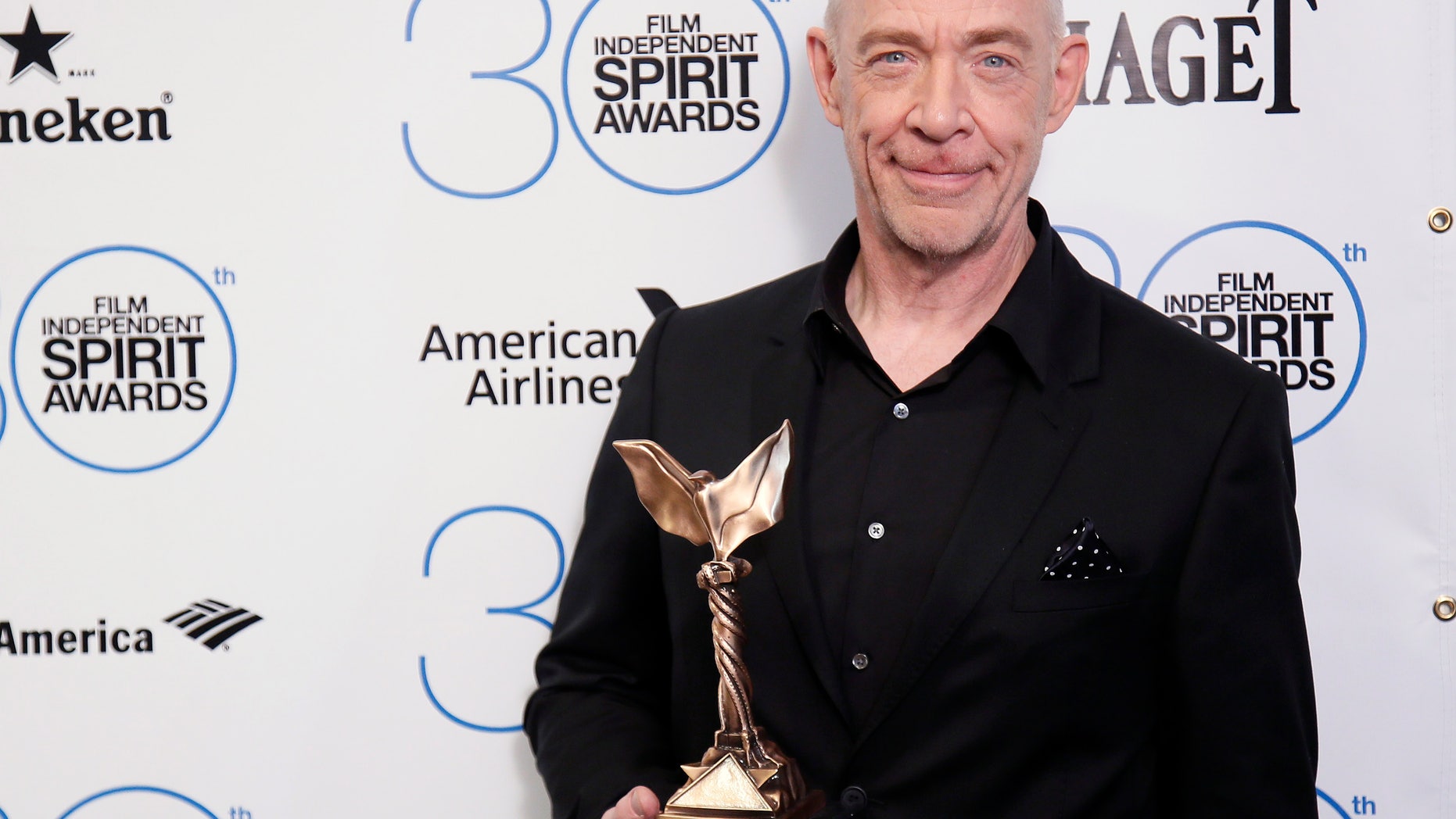 Feb 21, 2015. J.K. Simmons poses backstage with his Best Supporting Male award for his role in the film "Whiplash" during the 2015 Film Independent Spirit Awards in Santa Monica.
