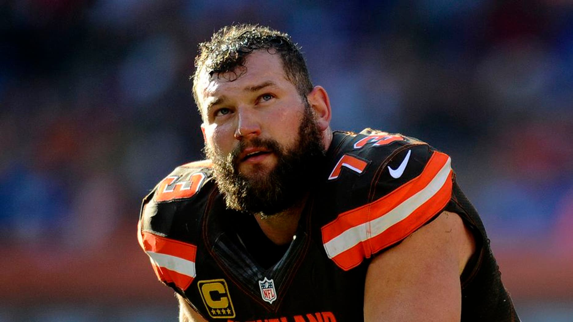 CLEVELAND, OH - NOVEMBER 27, 2016: Left tackle Joe Thomas #73 of the Cleveland Browns kneels during timeout in the second quarter of a game against the New York Giants on November 27, 2016 at FirstEnergy Stadium in Cleveland, Ohio. New York won 27-13. (Photo by: Nick Cammett/Diamond Images/Getty Imges)
