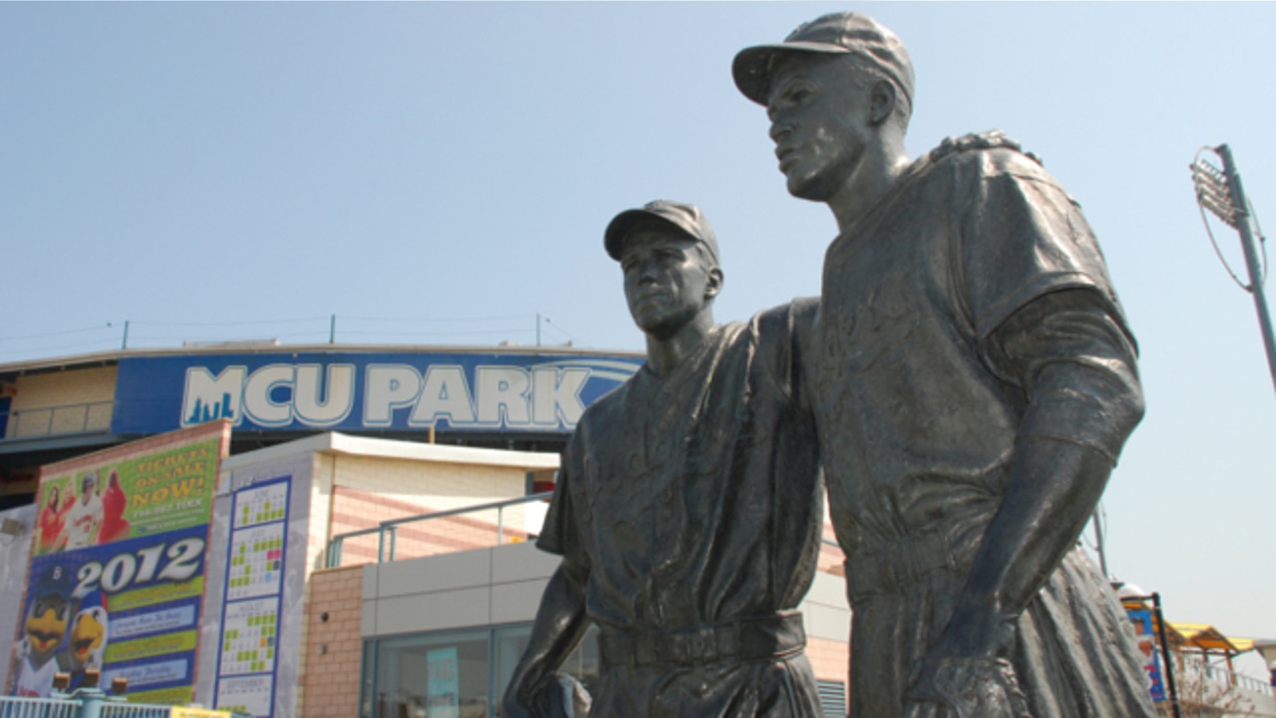 FILE: This undated image provided by the Brooklyn Cyclones shows a statue of Pee Wee Reese and Jackie Robinson at MCU Park in the Coney Island section of the Brooklyn borough of New York.