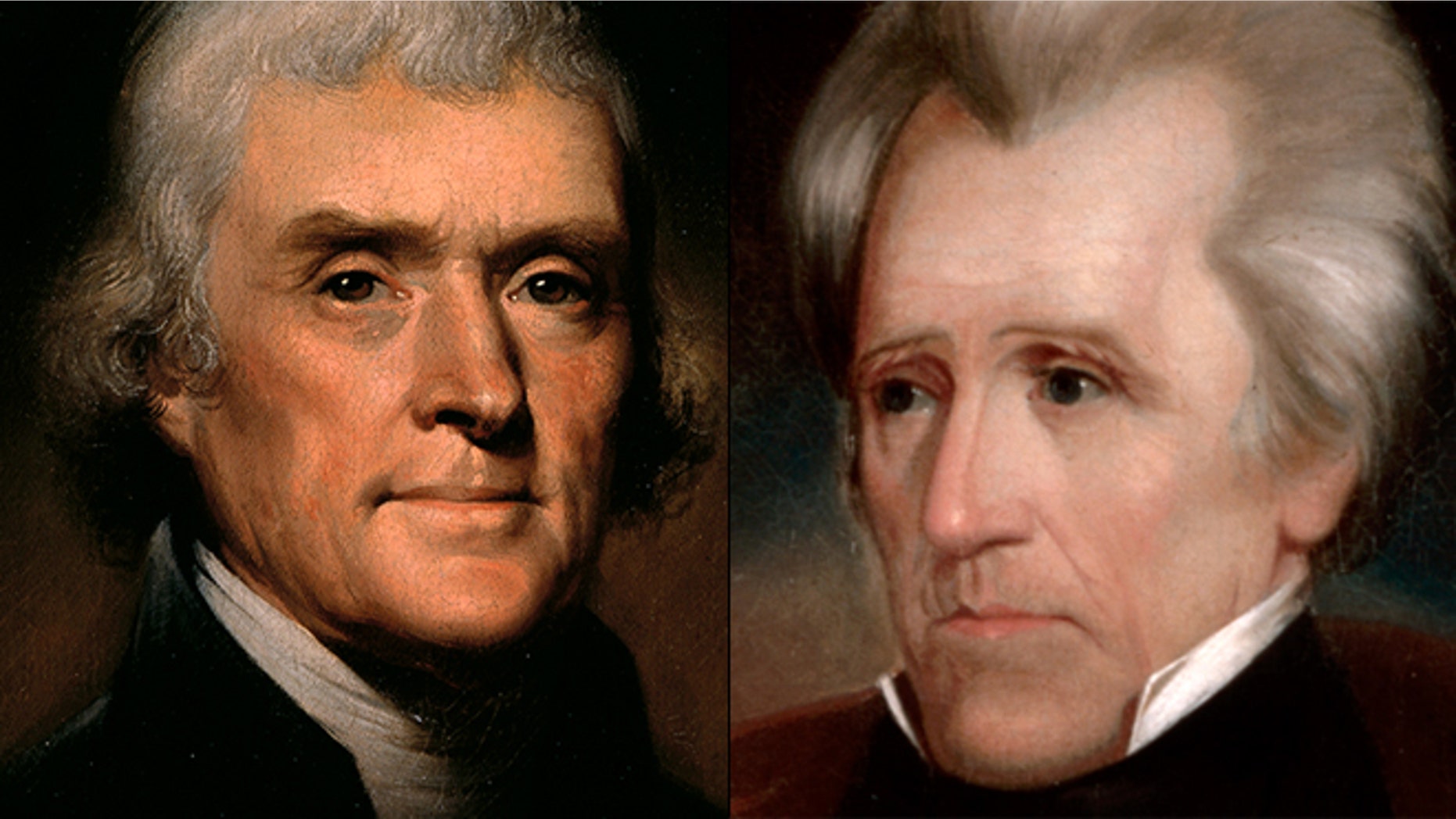 At left, portrait of President Thomas Jefferson; at right, portrait of President Andrew Jackson.