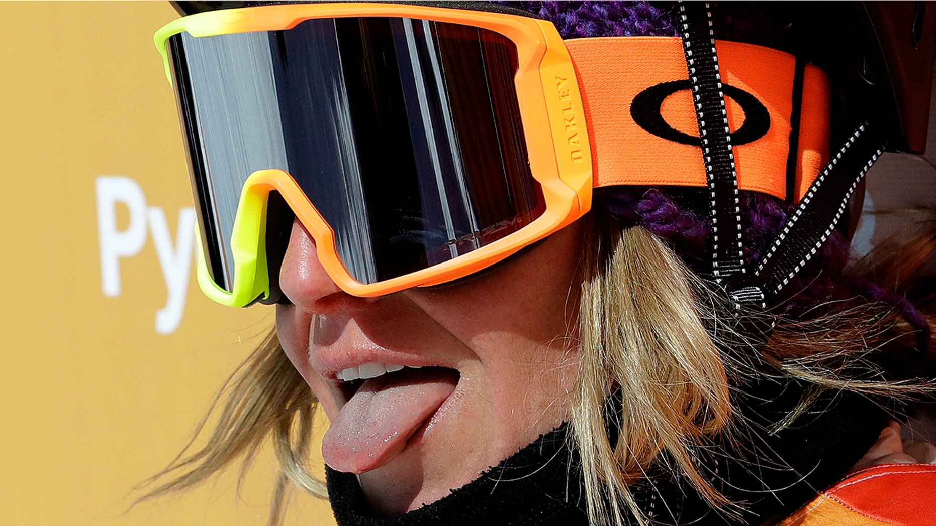 Jamie Anderson, of the United States, reacts to her score during the women's slopestyle final at Phoenix Snow Park at the 2018 Winter Olympics in Pyeongchang, South Korea, Monday, Feb. 12, 2018.