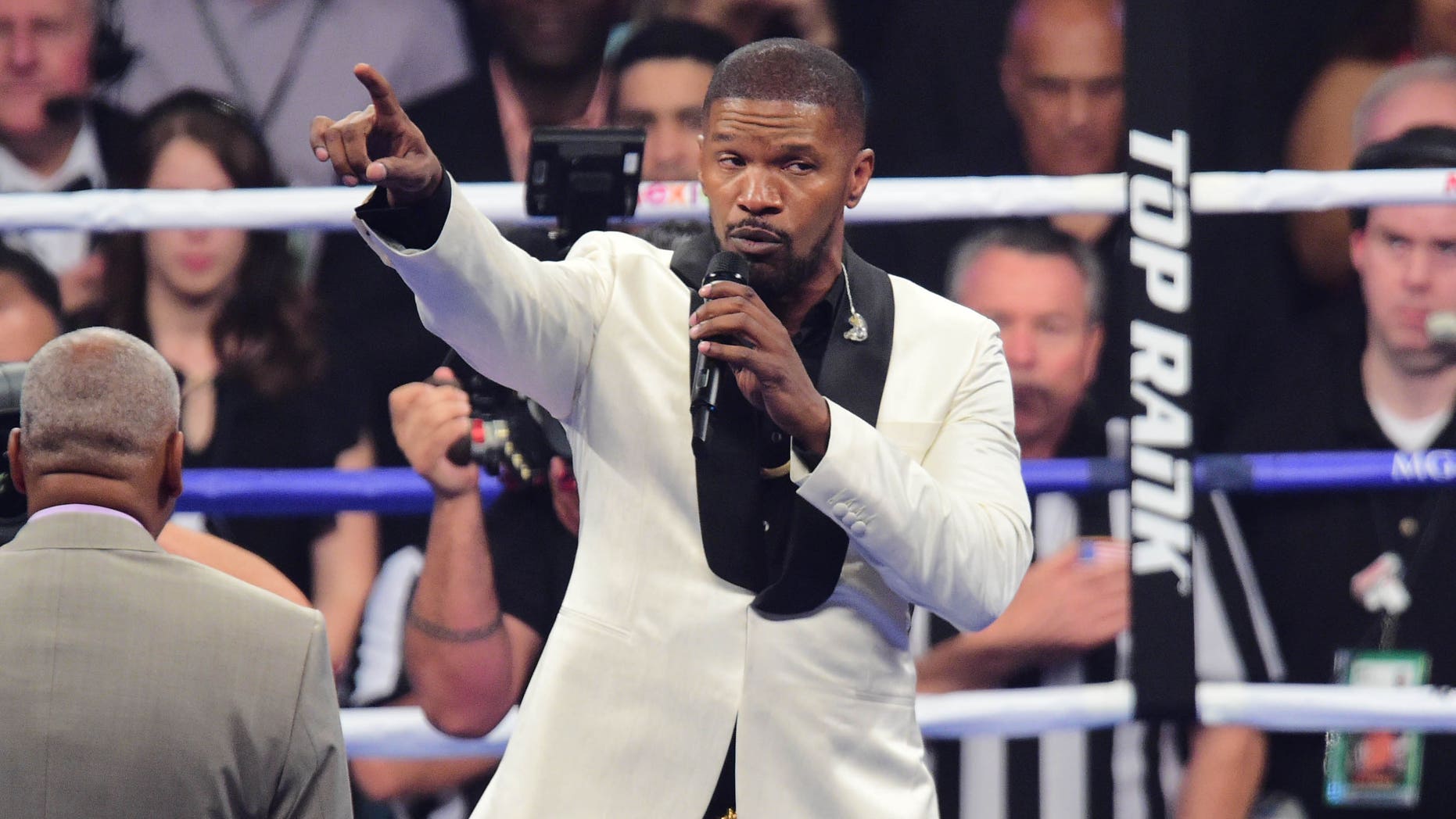 May 2, 2015. Movie actor Jamie Foxx sings the national anthem before the world welterweight championship bout between Floyd Mayweather and Manny Pacquiao at MGM Grand Garden Arena in Las Vegas.