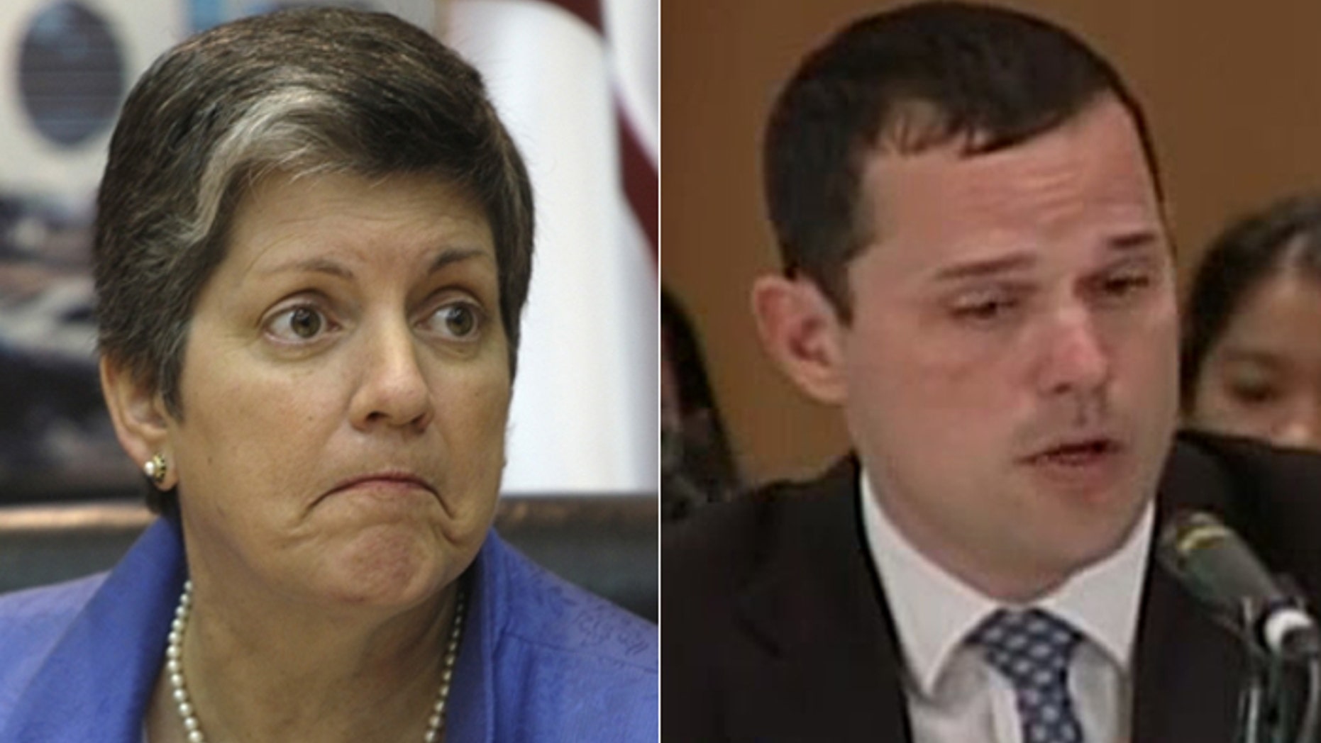 Critics suspect the elevation of John Sandweg (r.) to acting director of ICE has more to do with his closeness to outgoing Secretary of Homeland Security Janet Napolitano (l.) than his law enforcement credentials. (AP, C-Span)