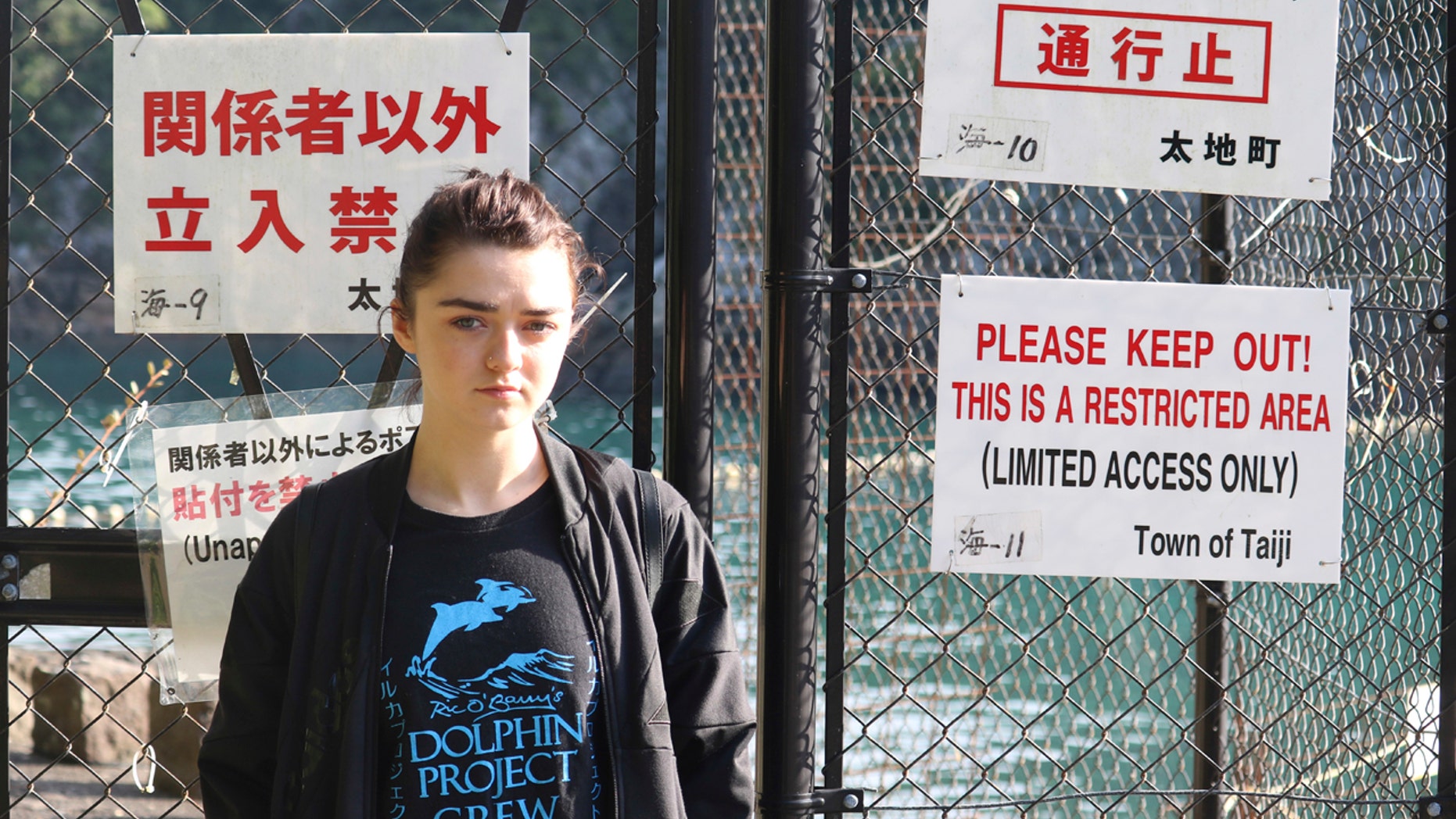 In this photo released by DolphinProject, Maisie Williams stands in front of a fence with notice boards beside the beach known for dolphin hunting in Taiji, Wakayama prefecture, central Japan, Friday, Dec. 2, 2016.