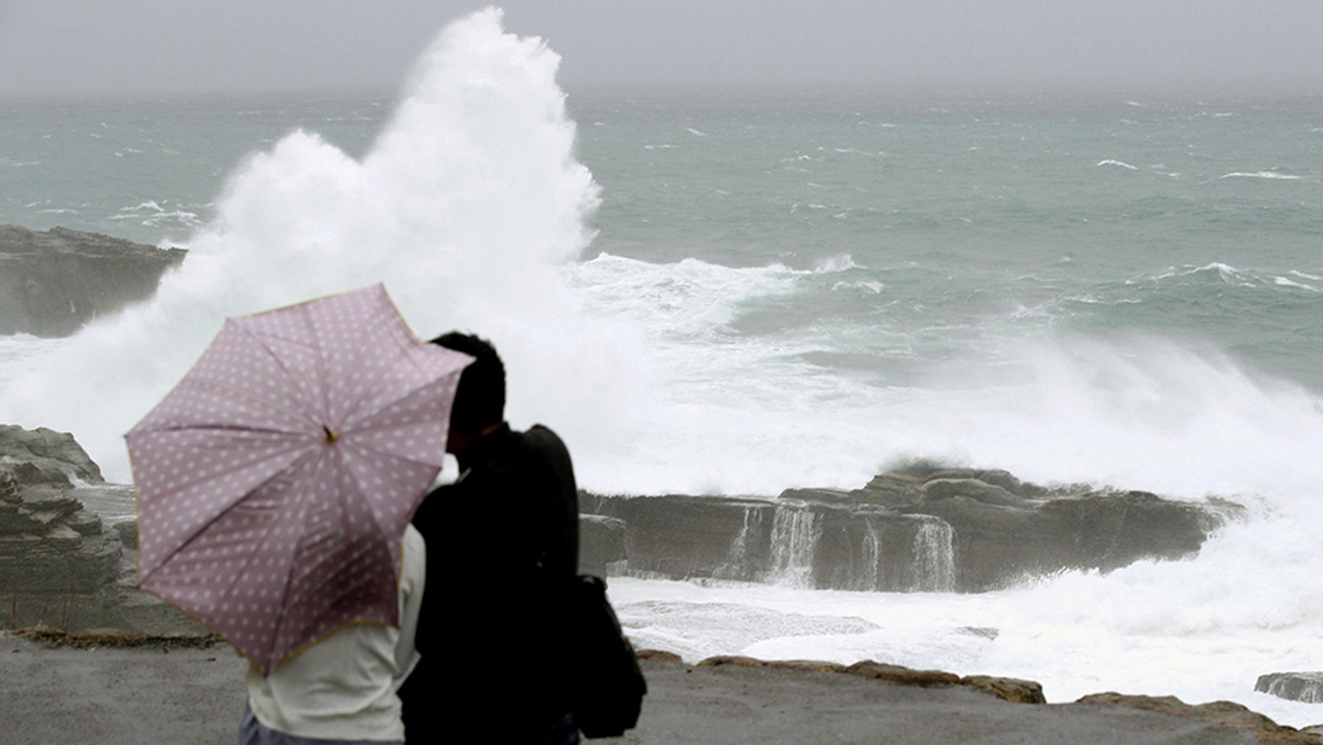 High waves breaking on the shores of Senjojiki, Shirahama town, Wakayama prefecture, Japan.