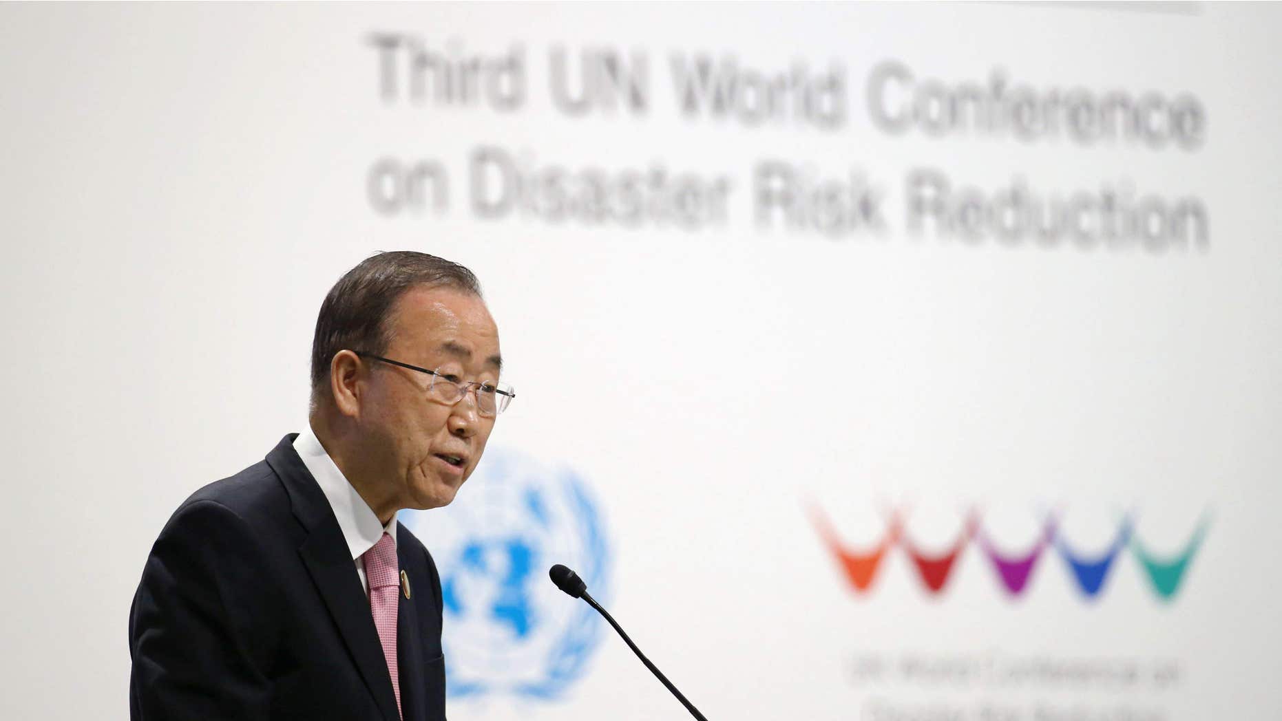 March 14, 2015: United Nations Secretary General Ban Ki-moon addresses the participants at the start of the U.N. World Conference on Disaster Risk Reduction in Sendai, northeastern Japan.
