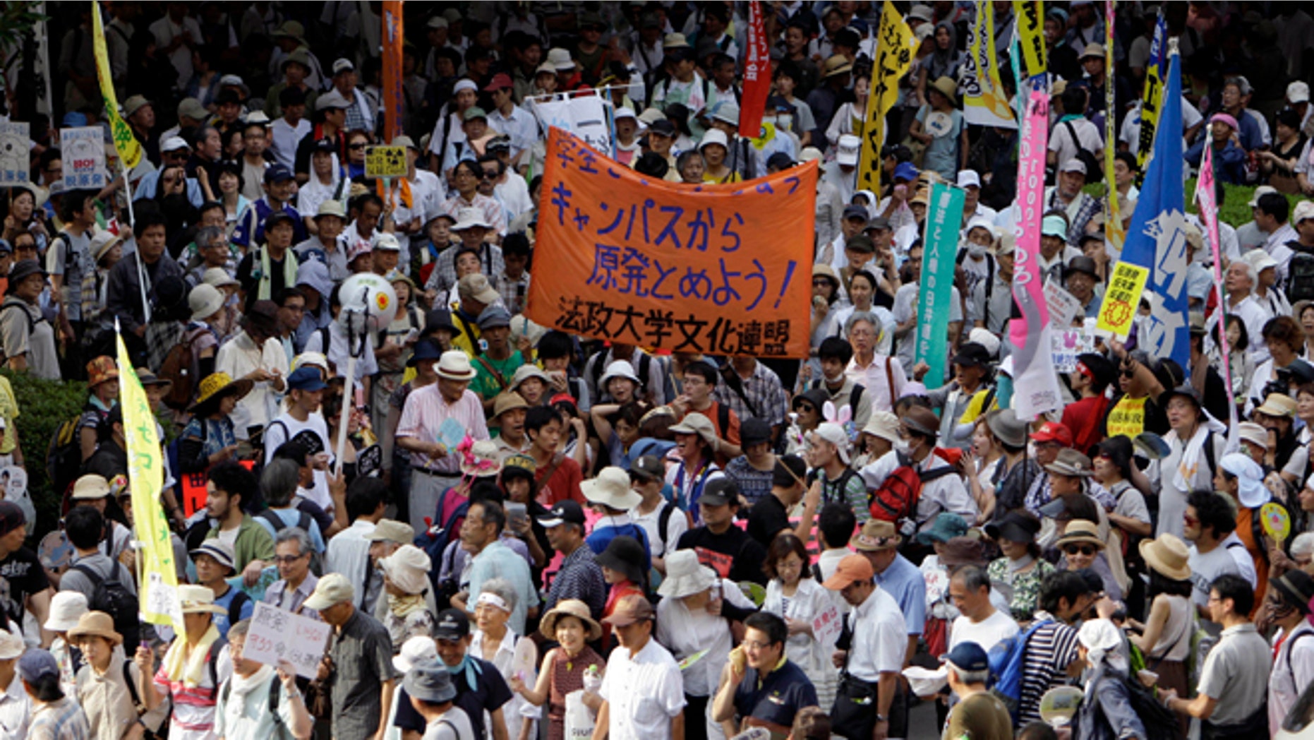 July 29, 2012: Protesters gather during an anti-nuclear demonstration in Hibiya park in central Tokyo.