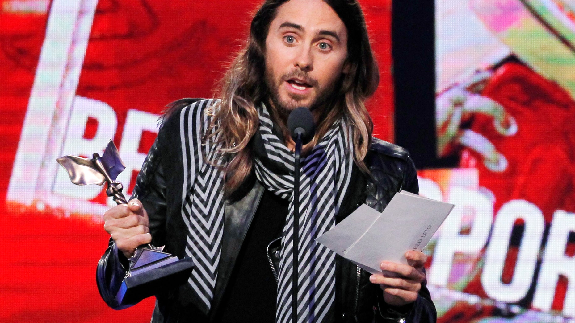 March 1, 2014. Jared Leto accepts the Film Independent Spirit Awards Best Supporting Male award for the film "Dallas Buyers Club" at the 2014 Film Independent Spirit Awards in Santa Monica, California.