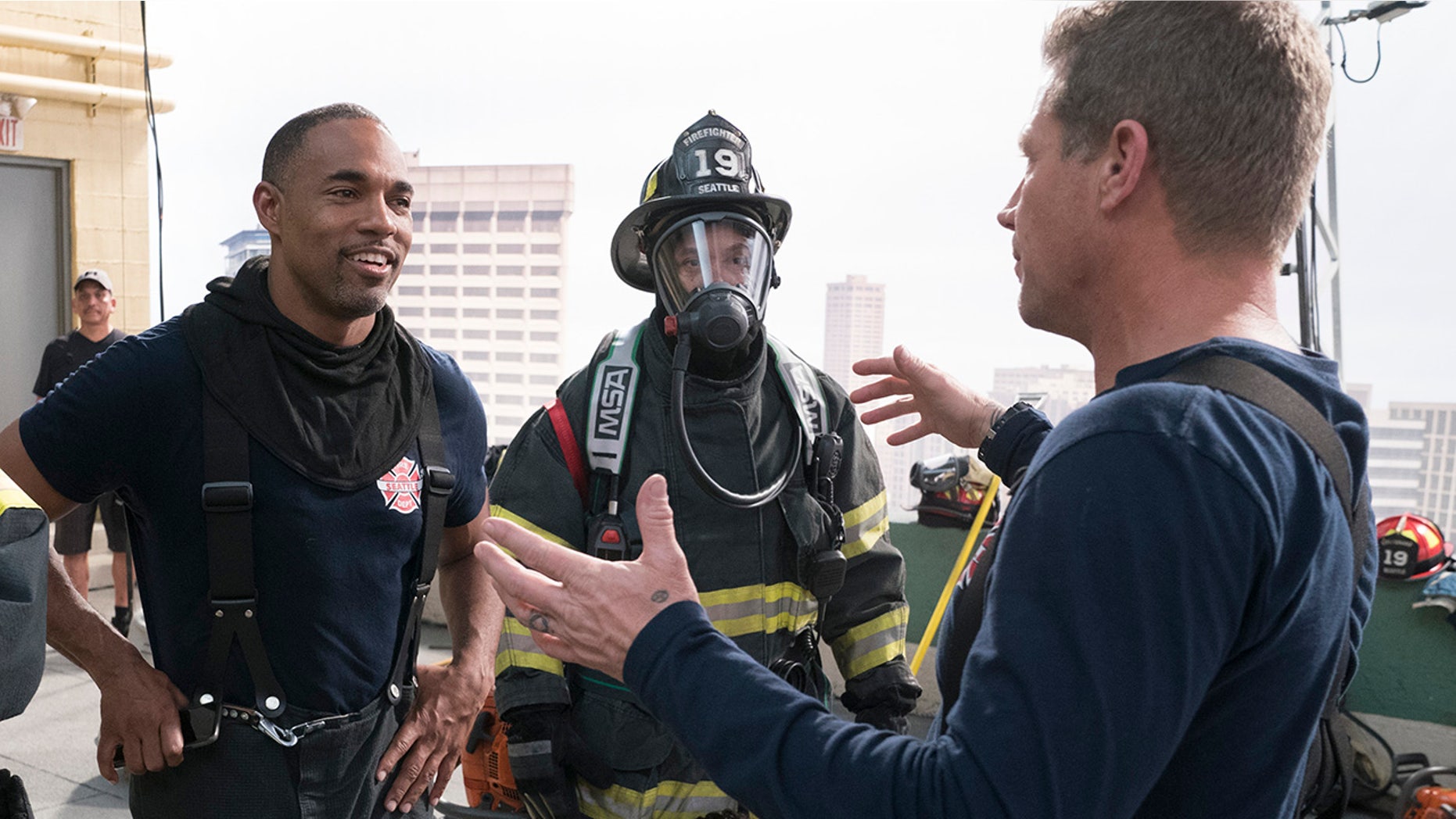 Jason George, left, stars in the latest "Grey's Anatomy" spinoff "Station 19."