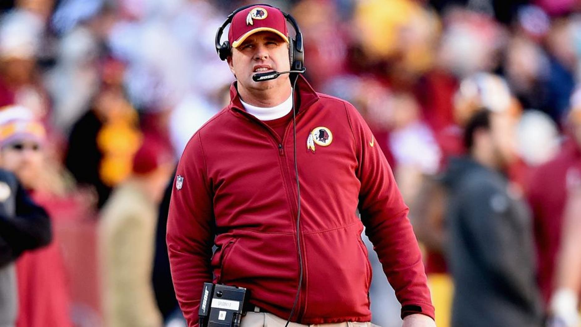 LANDOVER, MD - DECEMBER 07: Head coach Jay Gruden of the Washington Redskins looks on during the first half of a game against the St. Louis Rams at FedExField on December 7, 2014 in Landover, Maryland. (Photo by Patrick Smith/Getty Images)