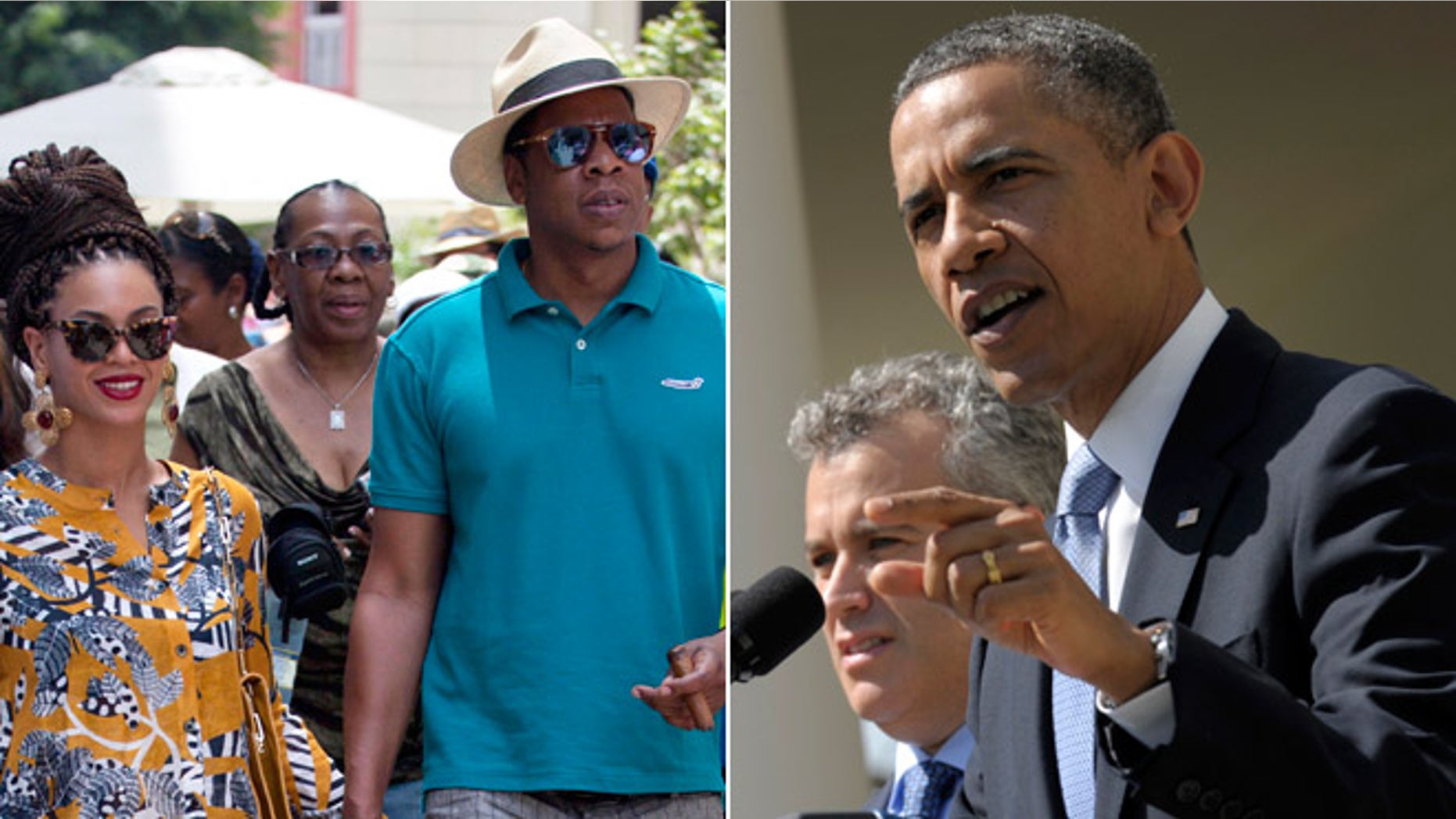 Married musicians Beyonce, left, and rapper Jay-Z, during an April 4, 2013 trip to Cuba, and President Obama.
